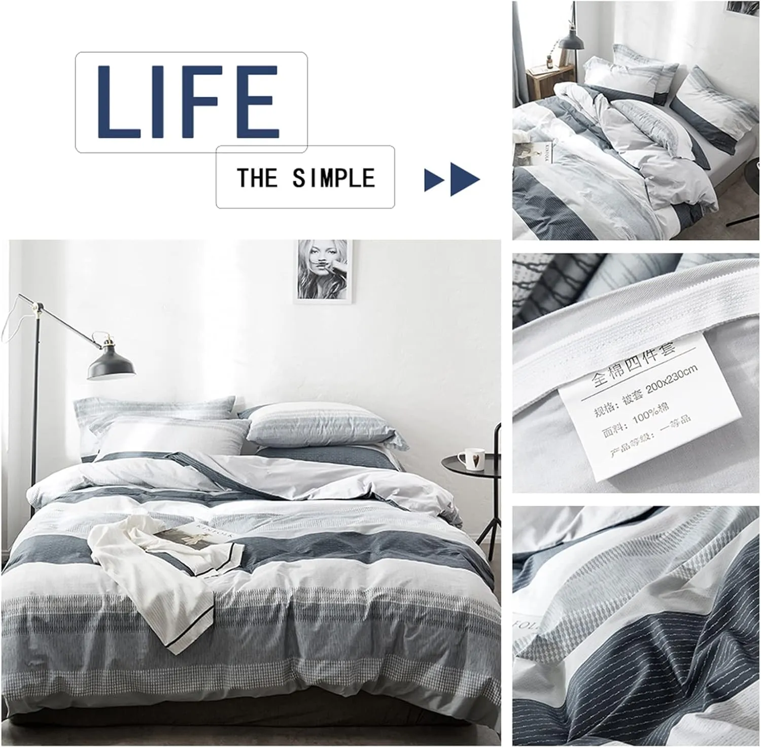 HighBuy Teen Kids Striped Duvet Cover Full Cotton Bedding Comforter Cover Set Full for Boys Girls Gray White Modern Gingham Bedding Set 3 Pieces Full Duvet Cover Set with 2 Pillow Shams