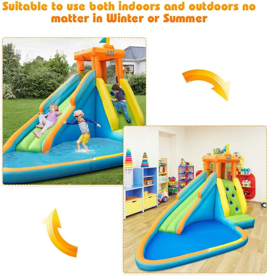 HONEY JOY Inflatable Water Slide, Giant Water Park Castle Bouncy House for Backyard, Climbing Wall, Splash Pool, Outdoor Blow up Water Slides Inflatables for Kids and Adults(Without Blower)