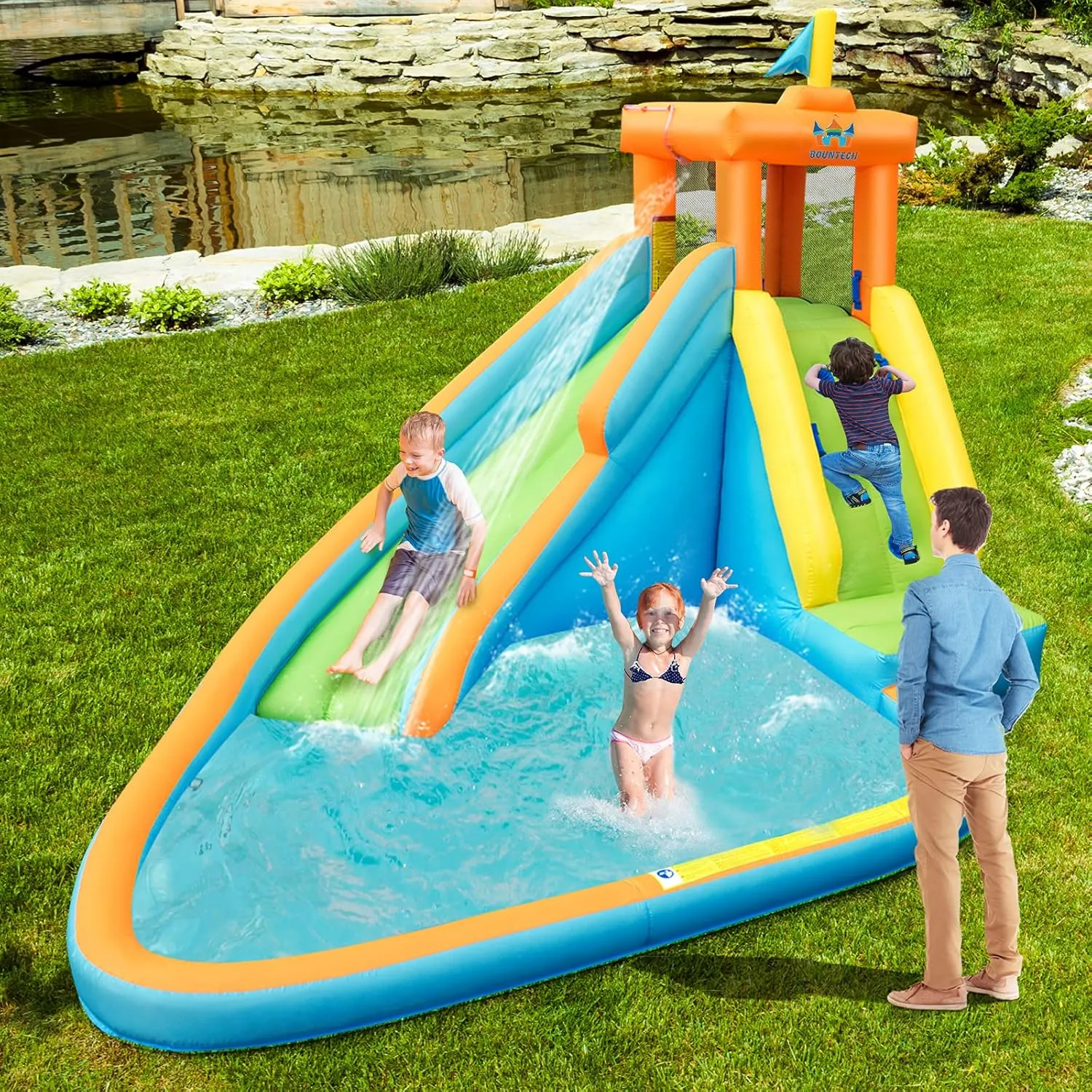 HONEY JOY Inflatable Water Slide, Giant Water Park Castle Bouncy House for Backyard, Climbing Wall, Splash Pool, Outdoor Blow up Water Slides Inflatables for Kids and Adults(Without Blower)
