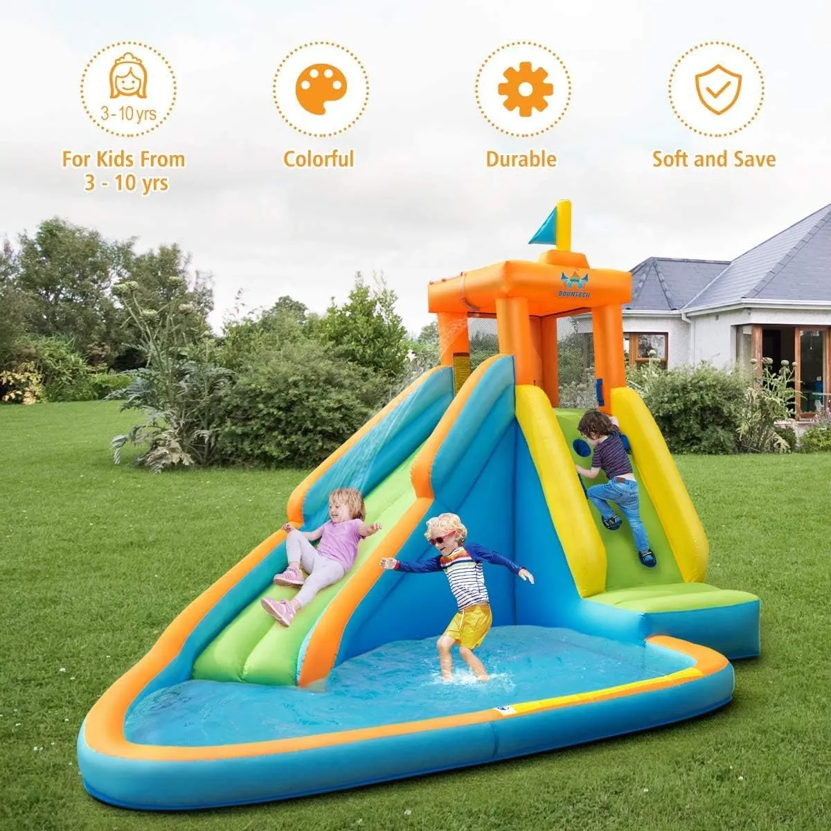 HONEY JOY Inflatable Water Slide, Giant Water Park Castle Bouncy House for Backyard, Climbing Wall, Splash Pool, Outdoor Blow up Water Slides Inflatables for Kids and Adults(Without Blower)