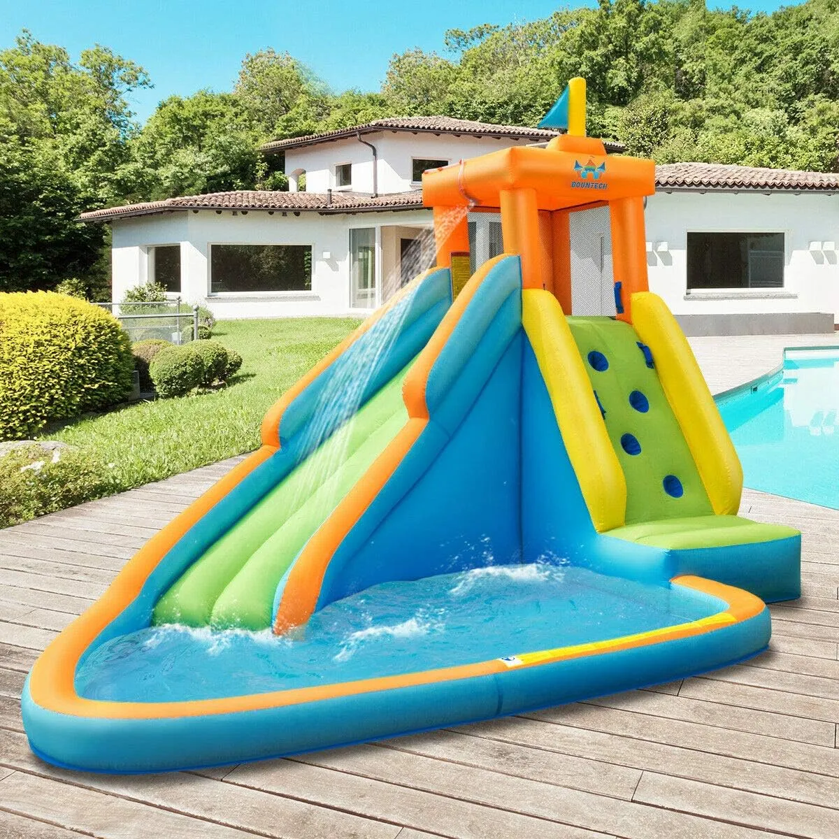 HONEY JOY Inflatable Water Slide, Giant Water Park Castle Bouncy House for Backyard, Climbing Wall, Splash Pool, Outdoor Blow up Water Slides Inflatables for Kids and Adults(Without Blower)