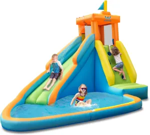 HONEY JOY Inflatable Water Slide, Giant Water Park Castle Bouncy House for Backyard, Climbing Wall, Splash Pool, Outdoor Blow up Water Slides Inflatables for Kids and Adults(Without Blower)