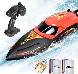 Hosim Brushless RC Boat - Fast Remote Control 2.4GHz Racing Boat With LED Lights for Seas, Pools & Lakes - Speed Toy for Adults, Boys & Girls - 2 Batteries for 40  Min Play (Red)