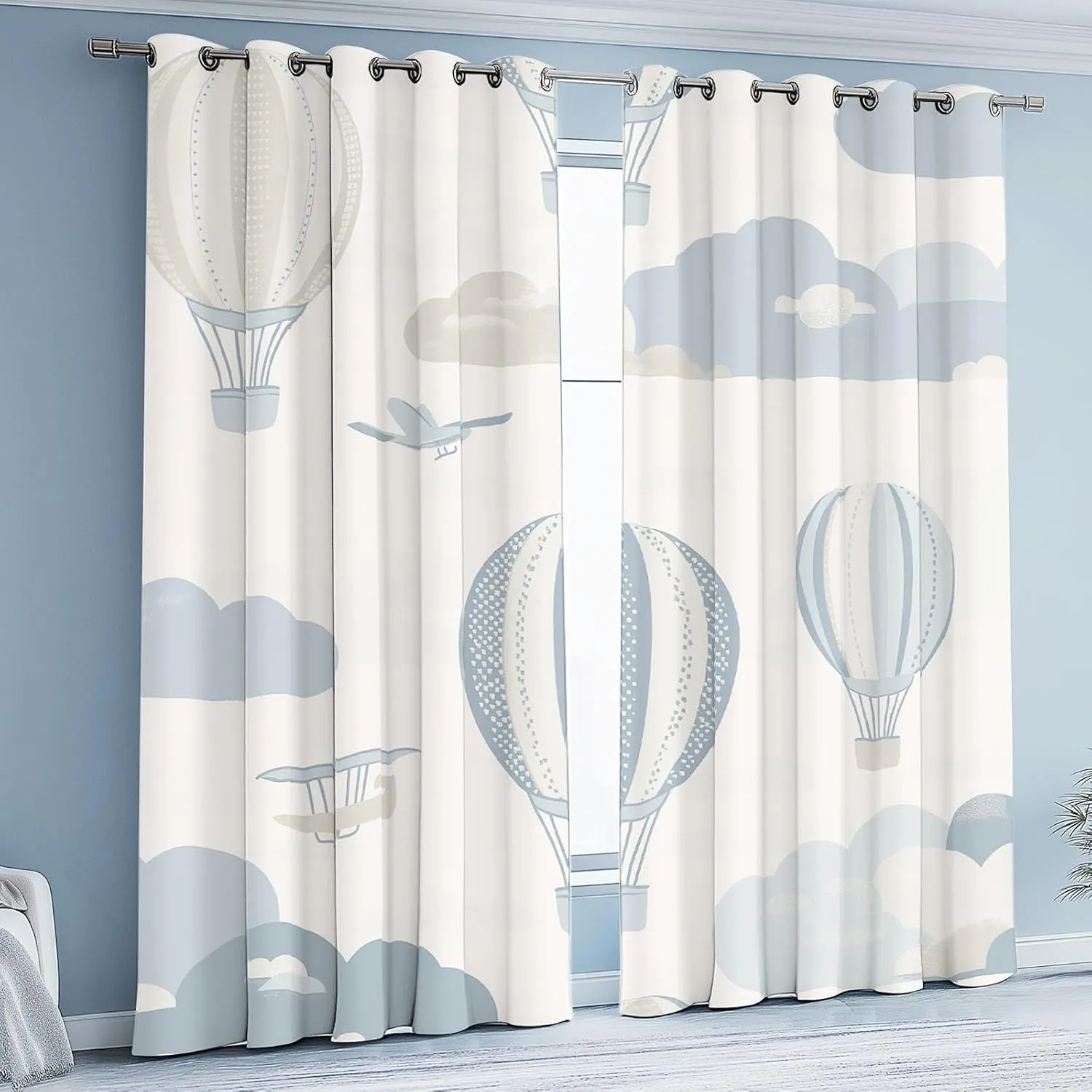 Hot Air Balloon Curtains Blackout, 2 Panels Set, Adventure Cloud Biplane Drapes Grommet, Thermal Insulated, Cartoon Airplane Curtain 52x84 Inch for Bedroom, Living Room