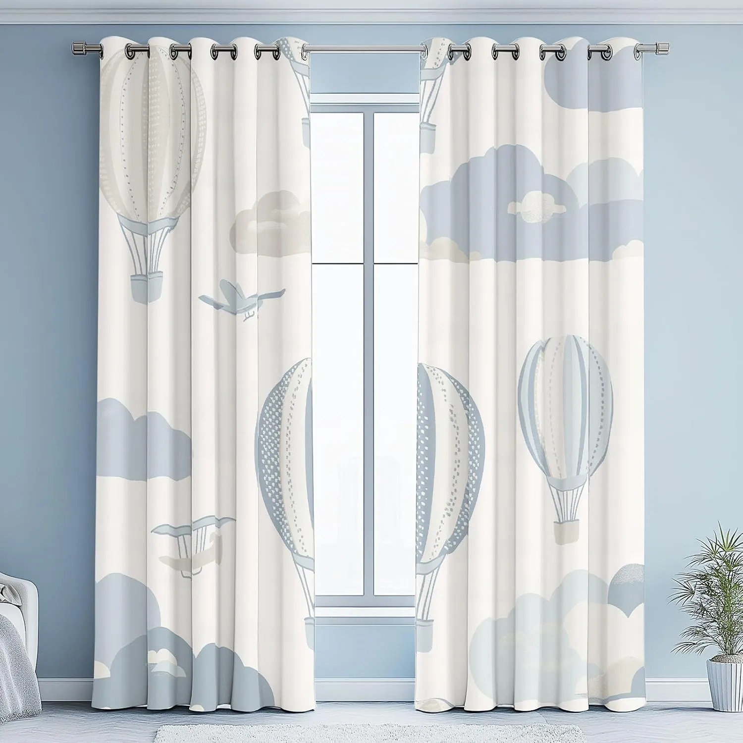 Hot Air Balloon Curtains Blackout, 2 Panels Set, Adventure Cloud Biplane Drapes Grommet, Thermal Insulated, Cartoon Airplane Curtain 52x84 Inch for Bedroom, Living Room