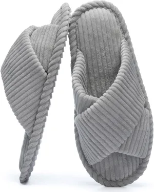 House Slippers for Women Fuzzy Womens Slippers Indoor Outdoor Open Toe With Cross Band Corduroy Memory Foam Warm Gifts for Woman Size 7 8 Grey