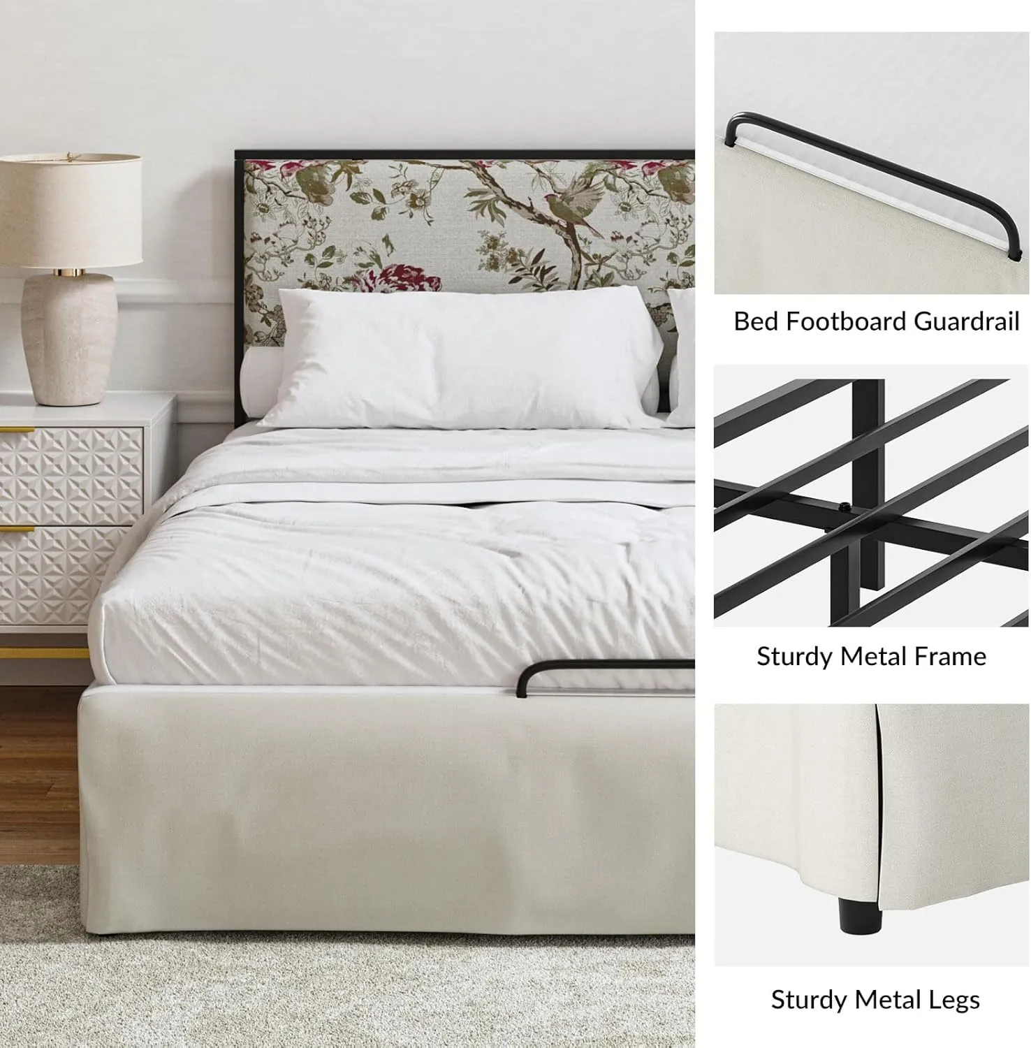 HULALA HOME Bed Frame Twin Size with Removable Bed Covers,Machine Washable Slipcover for Headboard,Flower