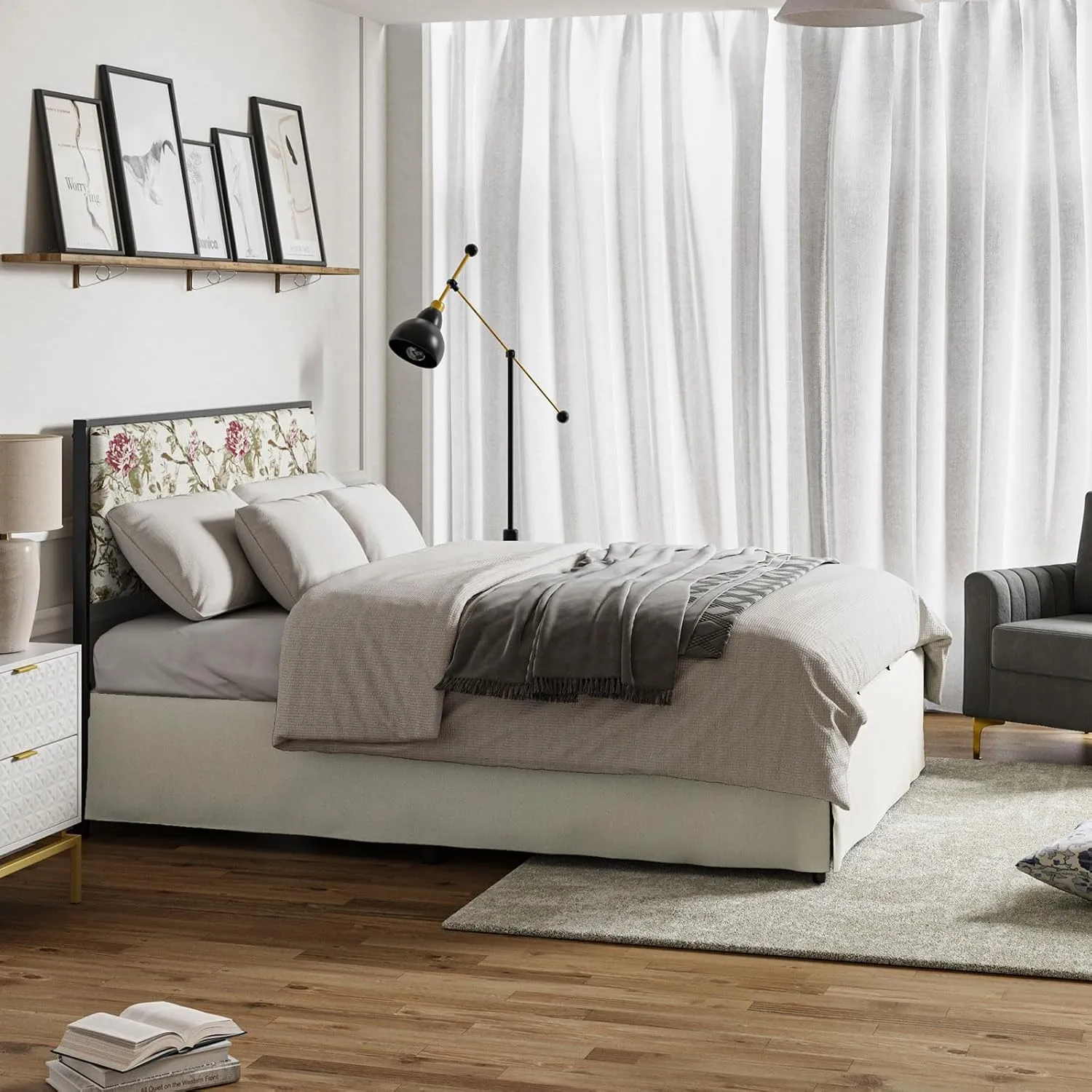 HULALA HOME Bed Frame Twin Size with Removable Bed Covers,Machine Washable Slipcover for Headboard,Flower