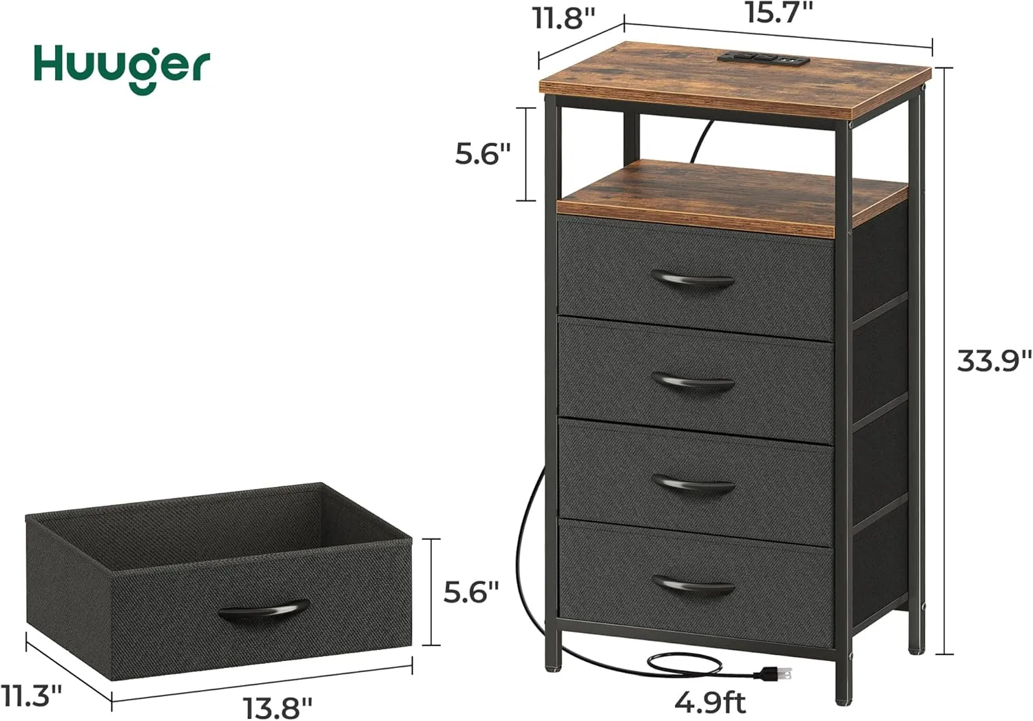 Huuger Night Stand with Charging Station, 4 Drawer Dresser for Bedroom, Bedside Table, 33.9 Inch Tall Nightstand with Open Shelf, End Table, for Closet, Entryway, Bedroom, Rustic Brown and Black