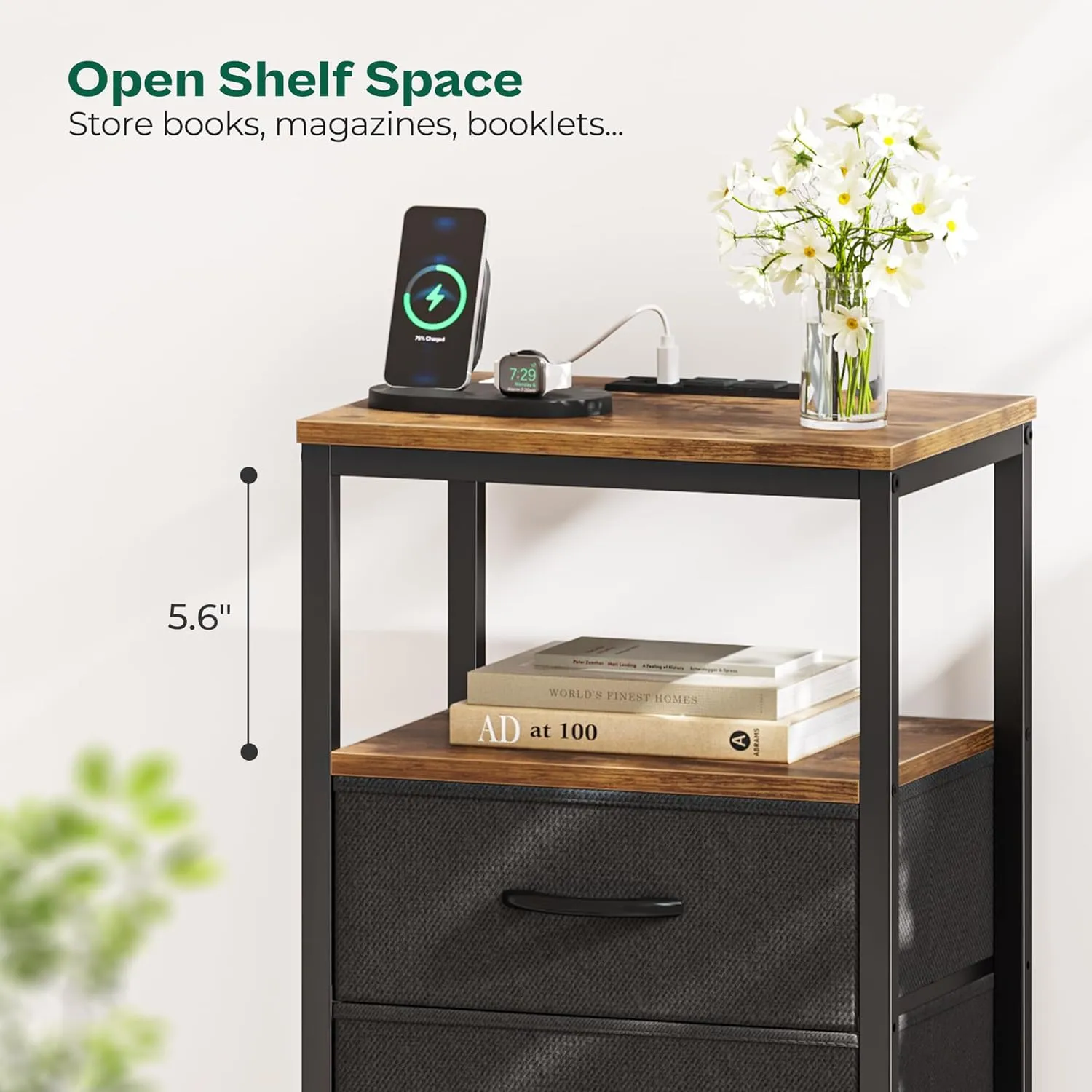 Huuger Night Stand with Charging Station, 4 Drawer Dresser for Bedroom, Bedside Table, 33.9 Inch Tall Nightstand with Open Shelf, End Table, for Closet, Entryway, Bedroom, Rustic Brown and Black