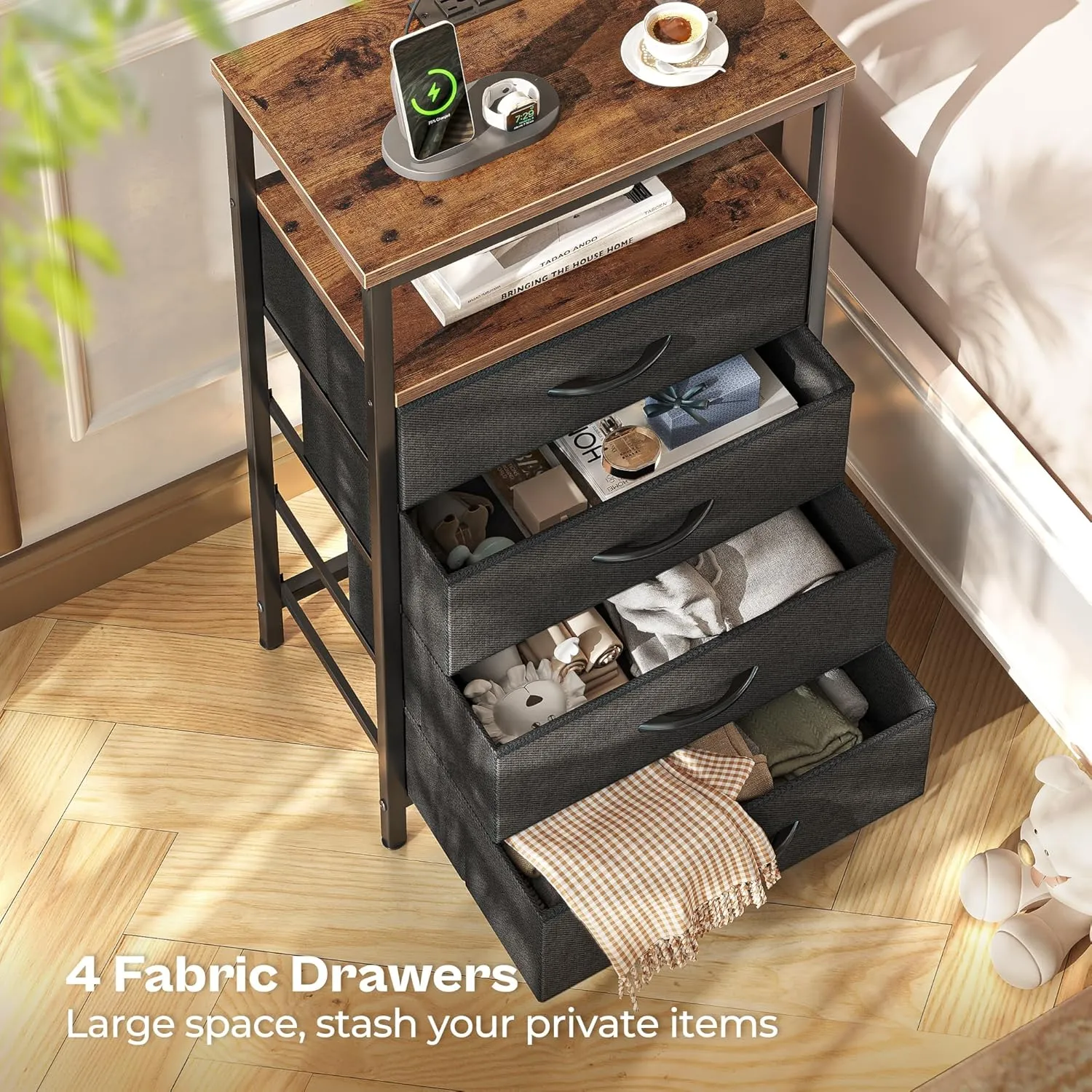 Huuger Night Stand with Charging Station, 4 Drawer Dresser for Bedroom, Bedside Table, 33.9 Inch Tall Nightstand with Open Shelf, End Table, for Closet, Entryway, Bedroom, Rustic Brown and Black