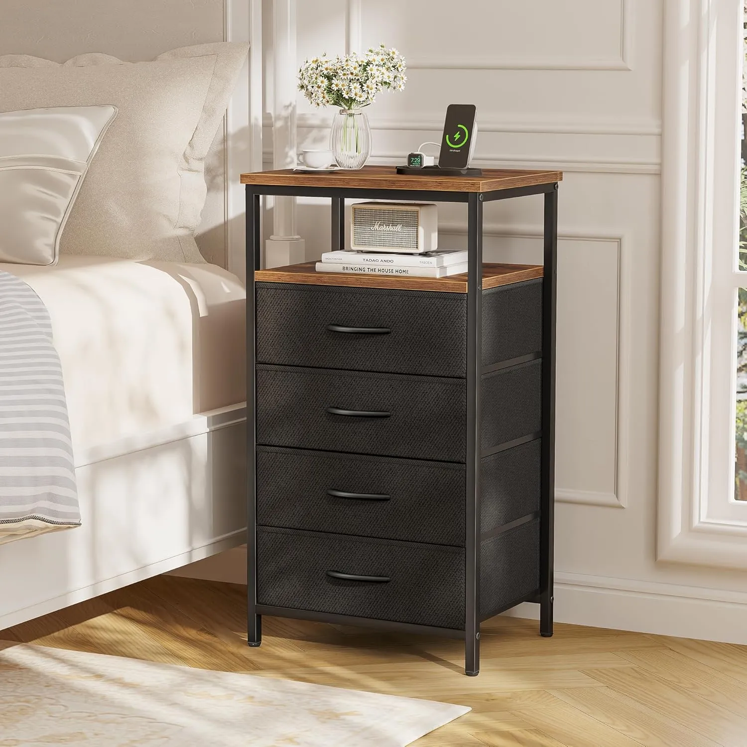 Huuger Night Stand with Charging Station, 4 Drawer Dresser for Bedroom, Bedside Table, 33.9 Inch Tall Nightstand with Open Shelf, End Table, for Closet, Entryway, Bedroom, Rustic Brown and Black