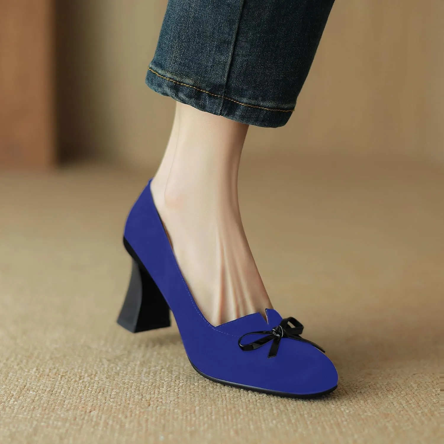 iadore Women Fashion High Chunky Heel Shoes Retro Suede Bowknot Slip on Round Toe Comfortable Dress Pumps Size 5-12 US