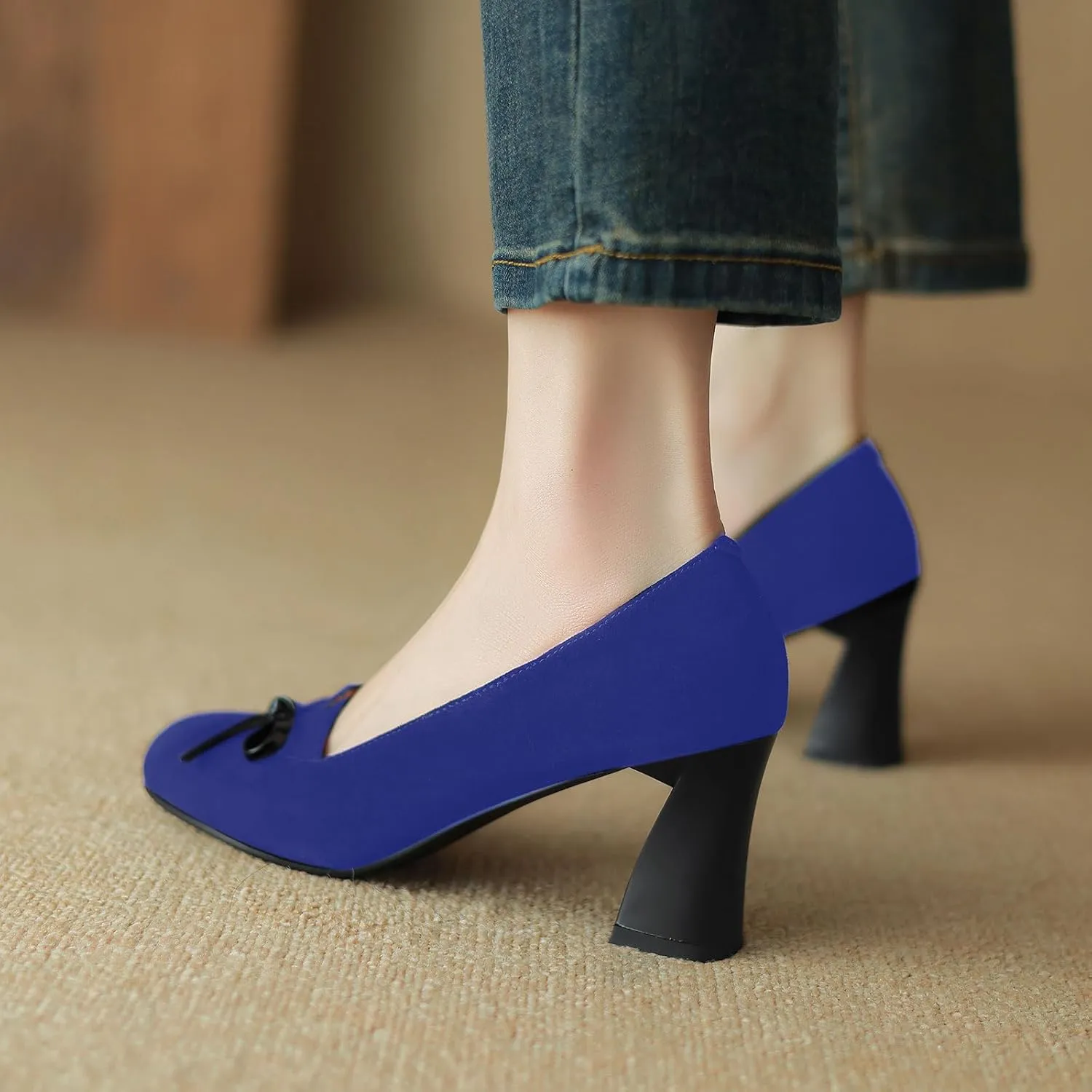iadore Women Fashion High Chunky Heel Shoes Retro Suede Bowknot Slip on Round Toe Comfortable Dress Pumps Size 5-12 US