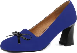 iadore Women Fashion High Chunky Heel Shoes Retro Suede Bowknot Slip on Round Toe Comfortable Dress Pumps Size 5-12 US