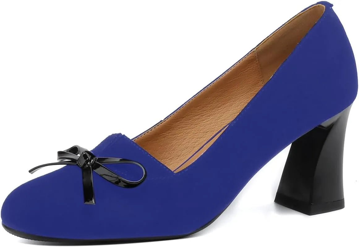 iadore Women Fashion High Chunky Heel Shoes Retro Suede Bowknot Slip on Round Toe Comfortable Dress Pumps Size 5-12 US