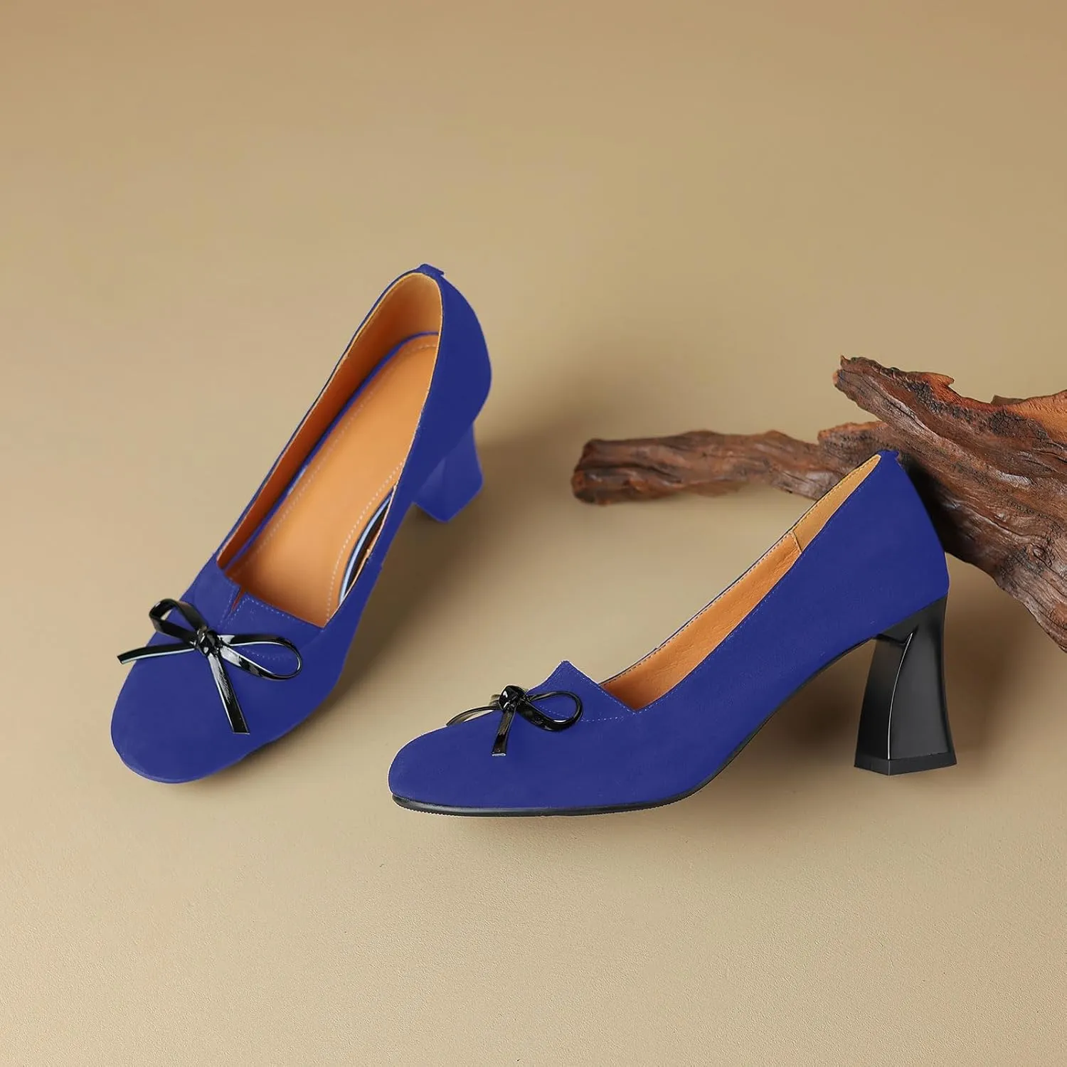 iadore Women Fashion High Chunky Heel Shoes Retro Suede Bowknot Slip on Round Toe Comfortable Dress Pumps Size 5-12 US