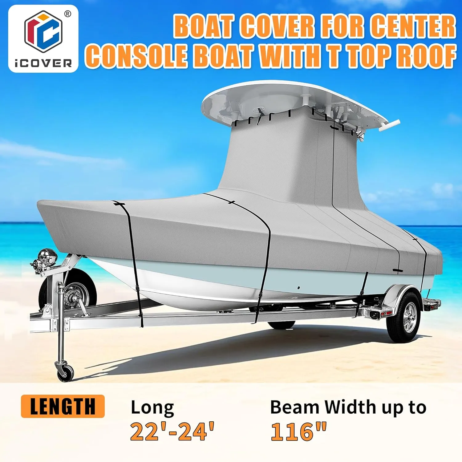 iCOVER T-Top Boat Cover, 600D Heavy Duty Marine Grade Waterproof Tear Resistant Boat Cover for Center Console Boat with T TOP Roof, Fits 22'-24' Long Beam Width up to 116", Grey