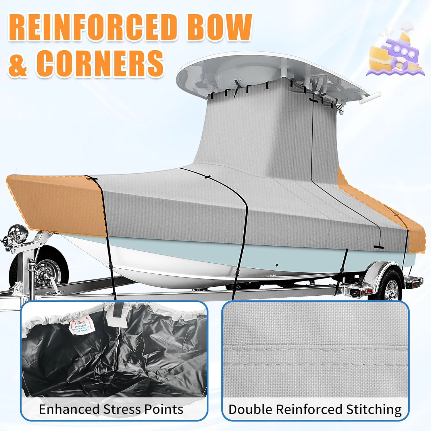 iCOVER T-Top Boat Cover, 600D Heavy Duty Marine Grade Waterproof Tear Resistant Boat Cover for Center Console Boat with T TOP Roof, Fits 22'-24' Long Beam Width up to 116", Grey