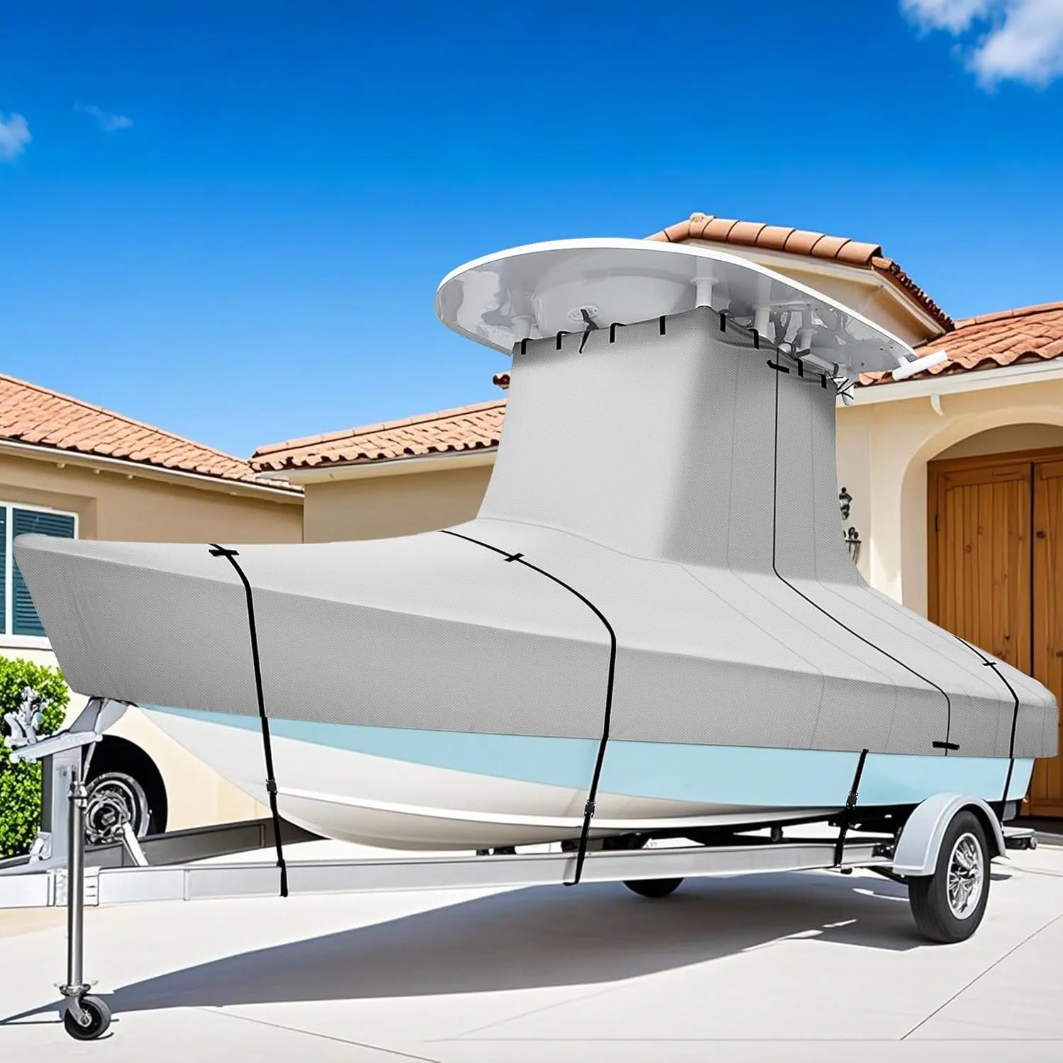 iCOVER T-Top Boat Cover, 600D Heavy Duty Marine Grade Waterproof Tear Resistant Boat Cover for Center Console Boat with T TOP Roof, Fits 22'-24' Long Beam Width up to 116", Grey