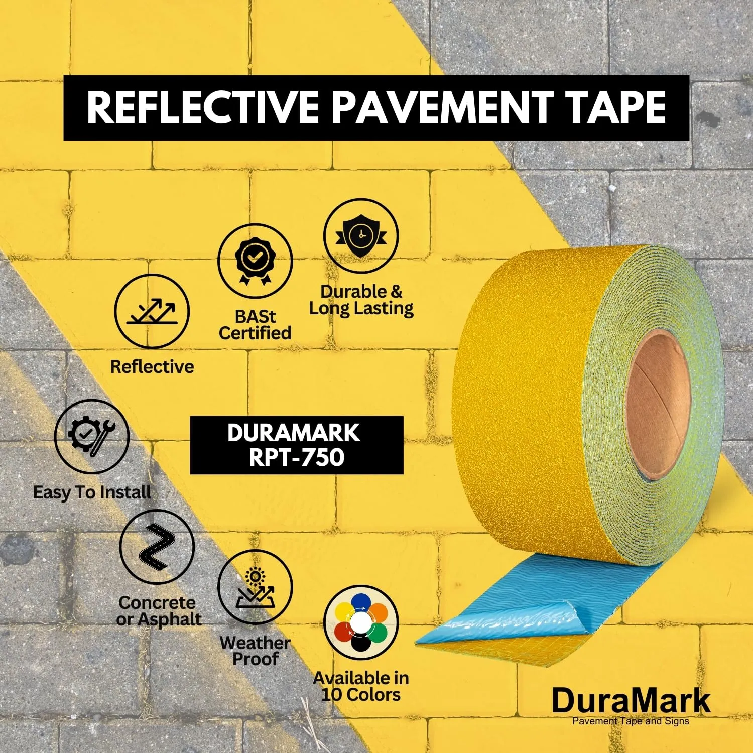 ifloortape DuraMark RPT-750 Yellow Reflective Pavement Marking Tape – Bast Certified Slip Resistant Premium Durability Outdoor Heavy-Duty Rubber Base (3 Inches x 18 Feet)
