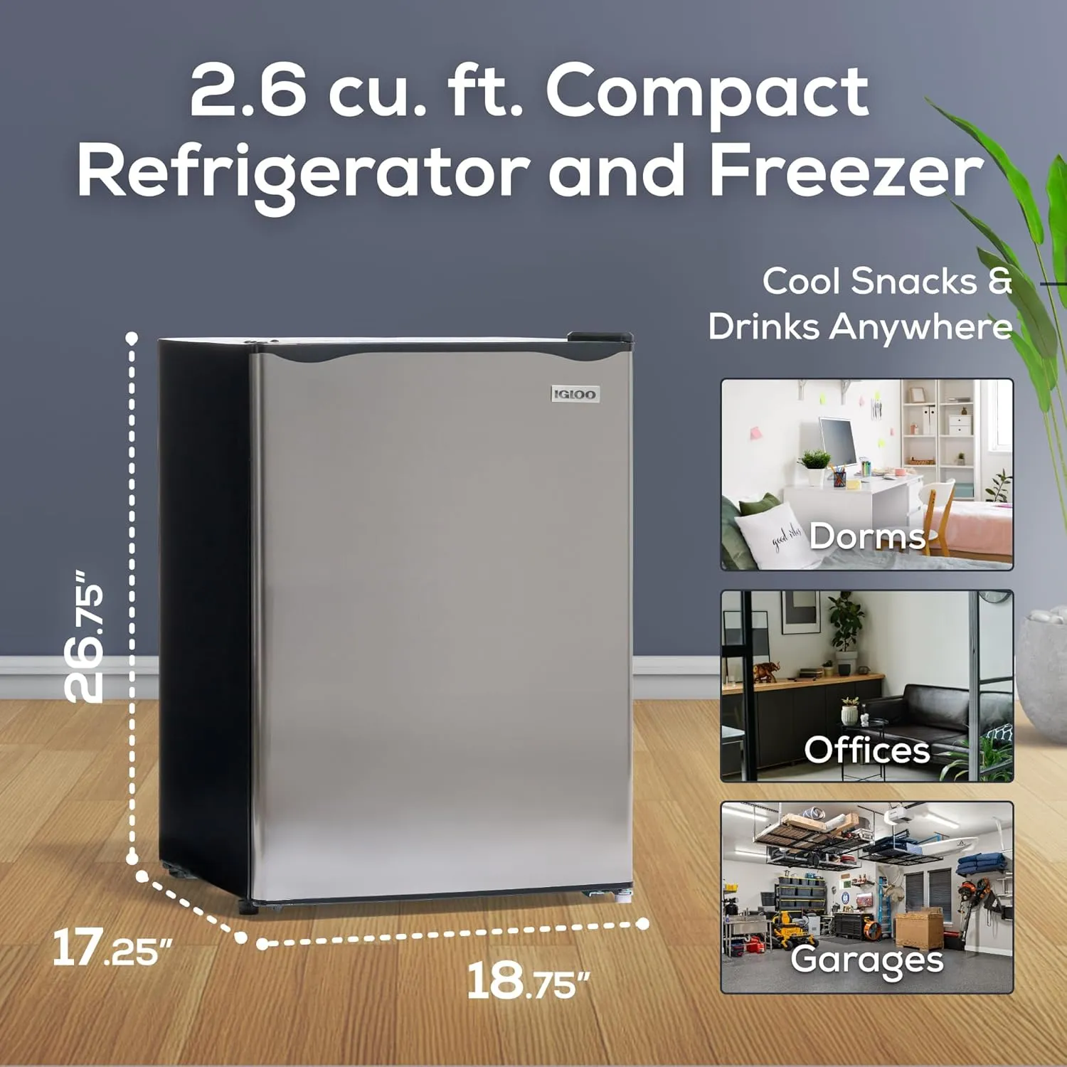 Igloo 2.6 Cu.Ft. Compact Refrigerator with Freezer, 2 Shelfs, Perfect for Homes, Offices, Dorms, Platinum