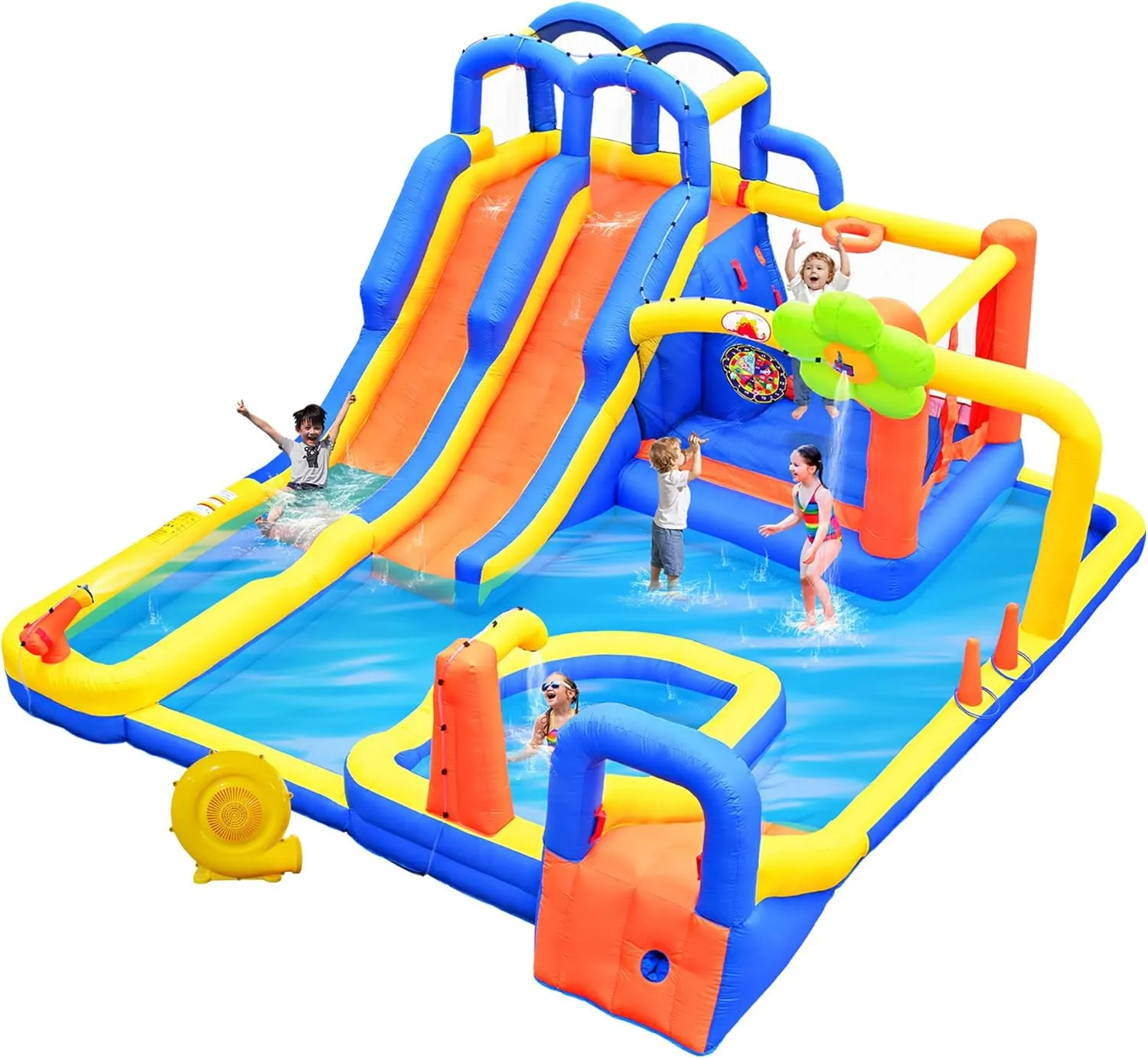 Inflatable Water 3 Slides Park with Blower, Inflatable Bounce House with Climbing Wall, Water Cannon, Dartboard, Flower Sprayer and Deep Pool