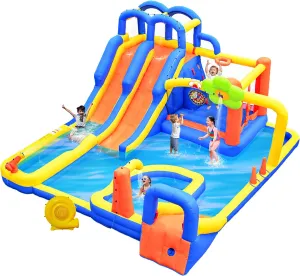 Inflatable Water 3 Slides Park with Blower, Inflatable Bounce House with Climbing Wall, Water Cannon, Dartboard, Flower Sprayer and Deep Pool