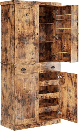 IRONCK Kitchen Pantry Cabinet 72" Height, Freestanding Cupboard with Drawer, Sliding Storage Rack, and 6 Hanging Shelves for Dining Room, Laundry, Living Room, Vintage Brown