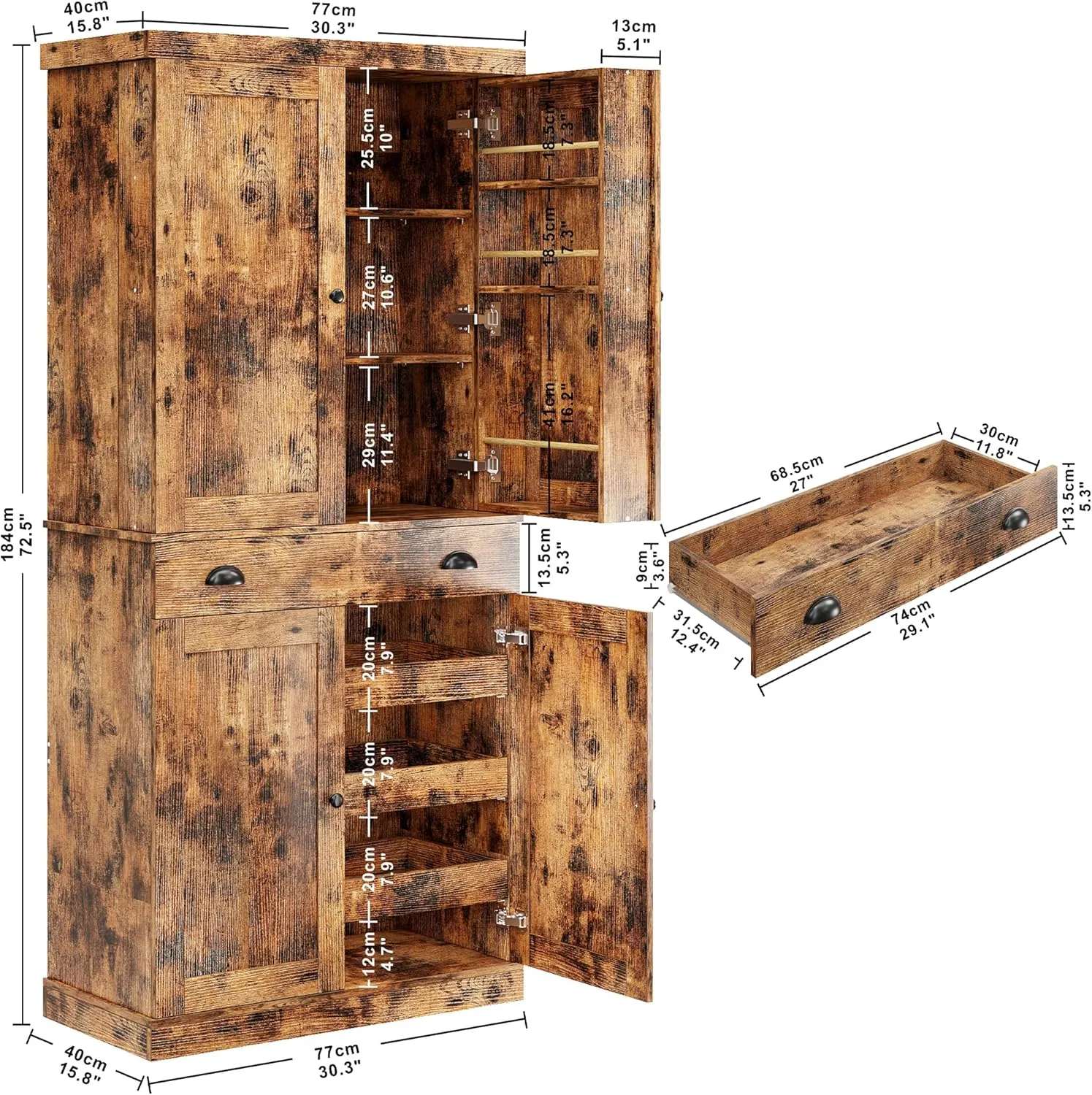 IRONCK Kitchen Pantry Cabinet 72" Height, Freestanding Cupboard with Drawer, Sliding Storage Rack, and 6 Hanging Shelves for Dining Room, Laundry, Living Room, Vintage Brown