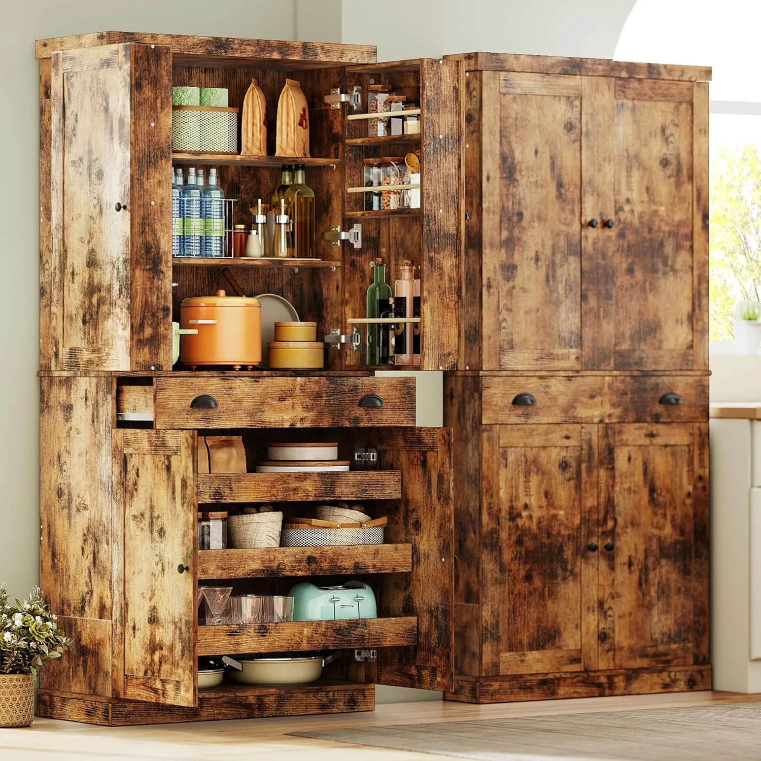 IRONCK Kitchen Pantry Cabinet 72" Height, Freestanding Cupboard with Drawer, Sliding Storage Rack, and 6 Hanging Shelves for Dining Room, Laundry, Living Room, Vintage Brown