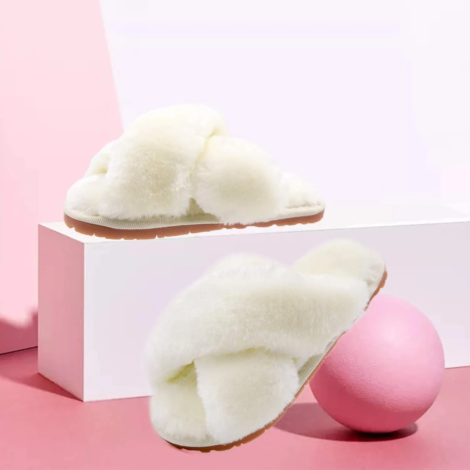 ISZPLUSH Girl's Fluffy Slippers Kids' Fuzzy Slippers Slide Sandals Leopard Tie Dye Cross Band Plush Open Toe Slip on House Bedroom Slippers