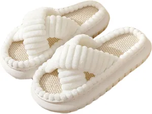 JadeRich Women's Cross Band Corduroy Slippers Open Toe Cozy Memory Foam Plush Platform Slide Sandals Indoor Outdoor