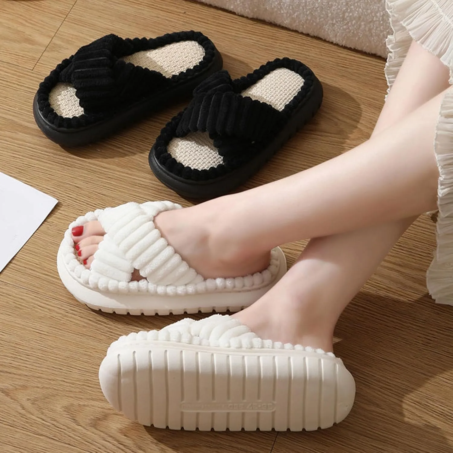 JadeRich Women's Cross Band Corduroy Slippers Open Toe Cozy Memory Foam Plush Platform Slide Sandals Indoor Outdoor