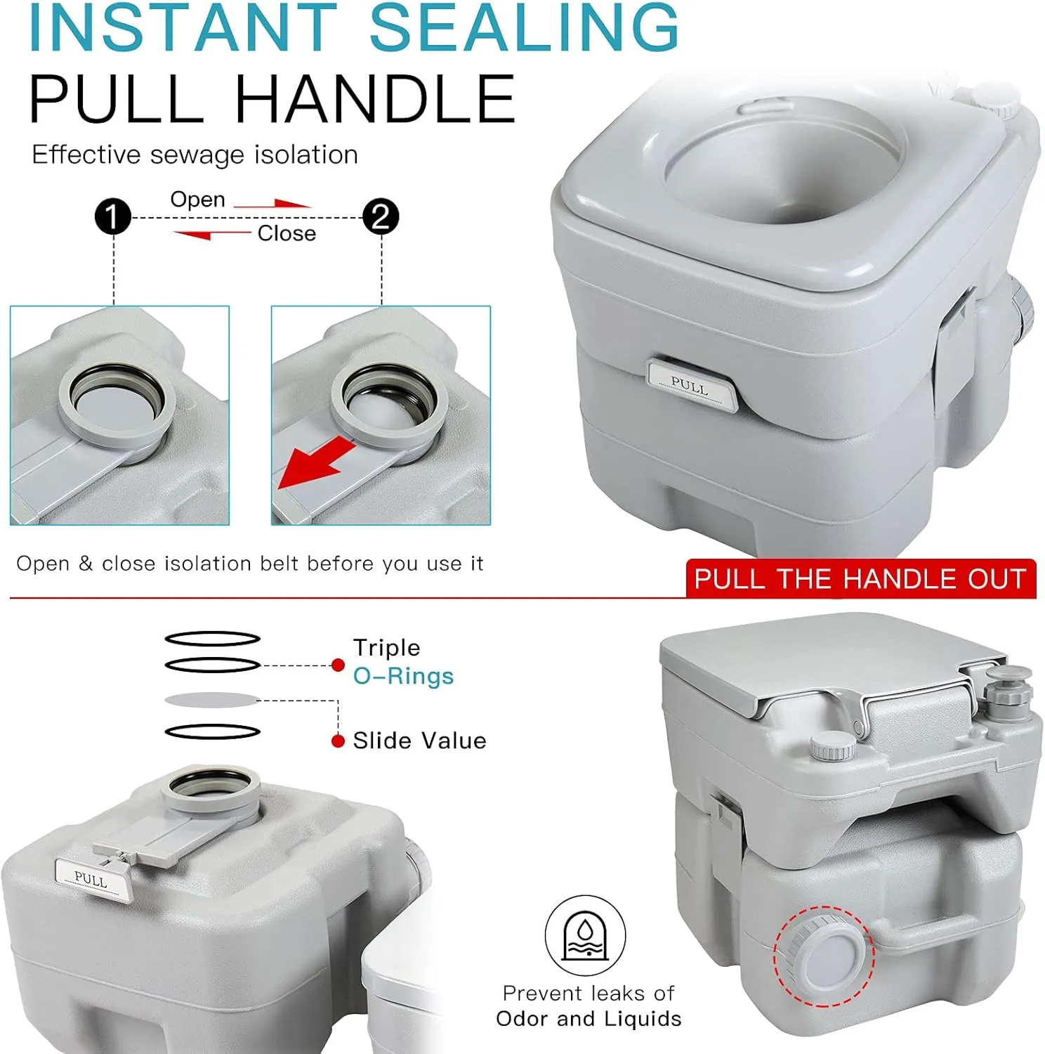 JAXPETY 5.3 Gallon Camping Toilet Portable Travel Toilet w/Sealing Slide Valve, Anti-Leak Water Pump, Carry Handle, Large Capacity Waste Tank for Car, Boat, Truck (20L Gray)