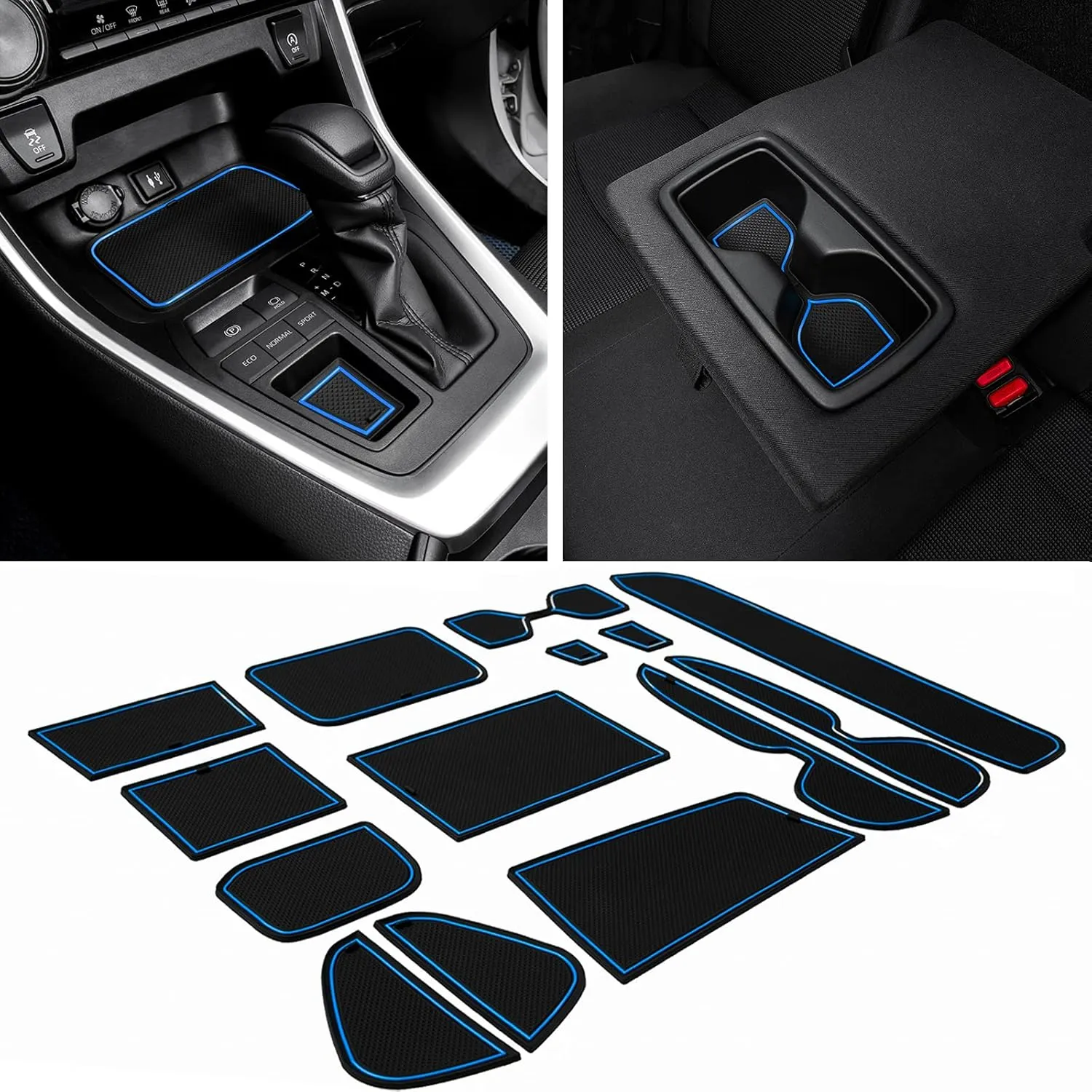 JDMCAR Liner Accessories Compatible with Toyota RAV4 2019-2024 2025 and 2021-2025 RAV4 Prime, Custom Fit Cup Holder, Center Console, and Door Pockets Inserts Kit (Blue Trim) - 15 PC Set