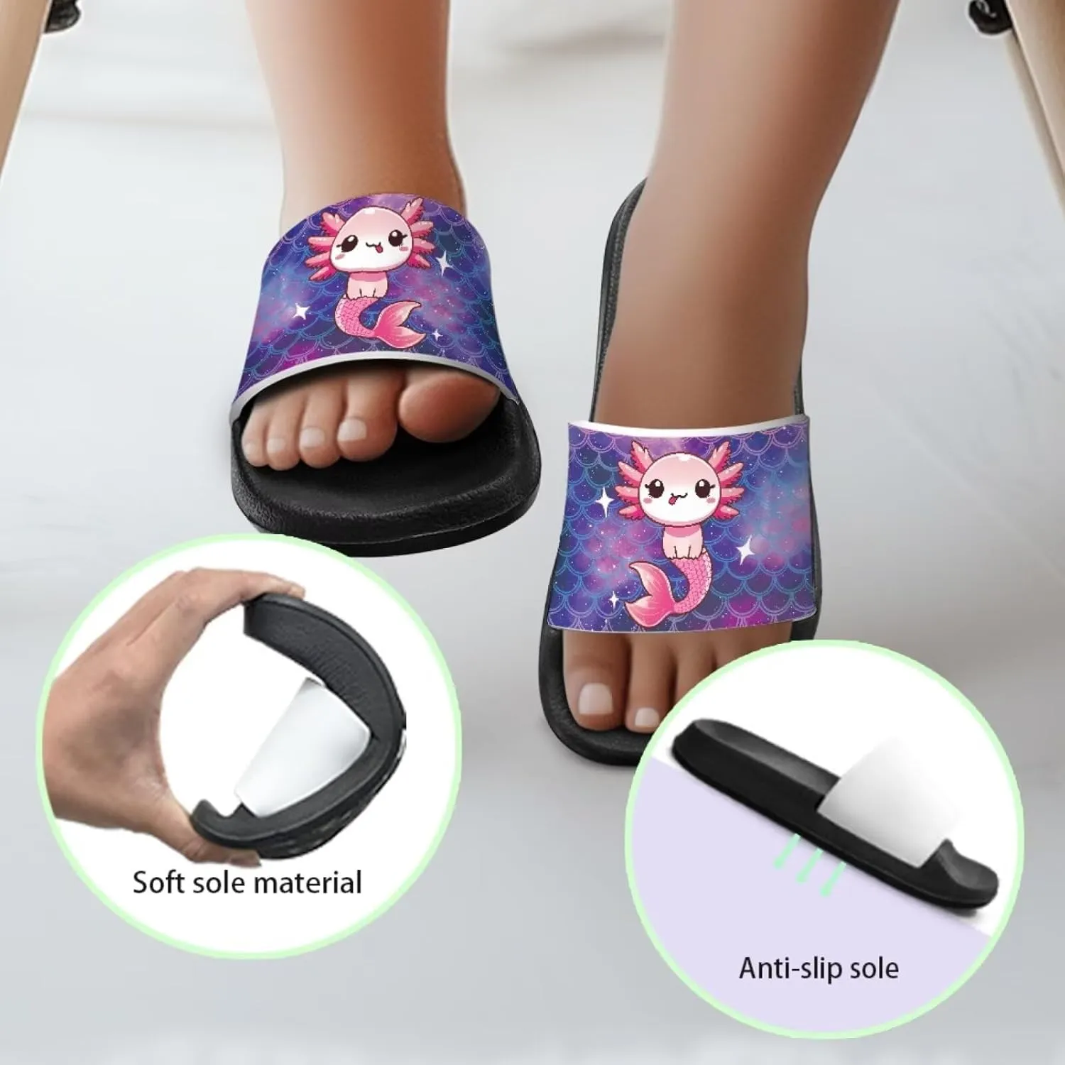 Jeiento Boys Slide Sandals Cartoon Children Open Toe Beach Slides Indoor Outdoor Axolotl Slippers Lightweight Anti Slip Pool Shower Shoes