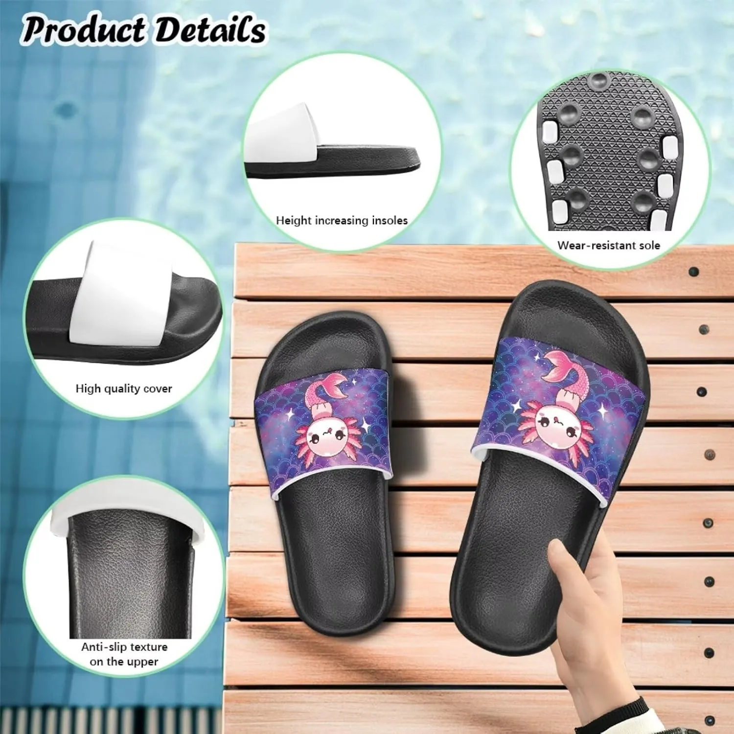 Jeiento Boys Slide Sandals Cartoon Children Open Toe Beach Slides Indoor Outdoor Axolotl Slippers Lightweight Anti Slip Pool Shower Shoes