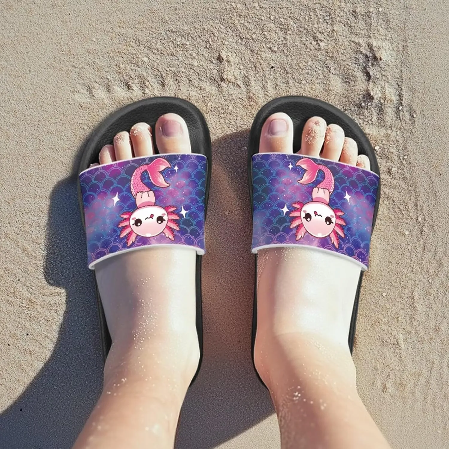 Jeiento Boys Slide Sandals Cartoon Children Open Toe Beach Slides Indoor Outdoor Axolotl Slippers Lightweight Anti Slip Pool Shower Shoes