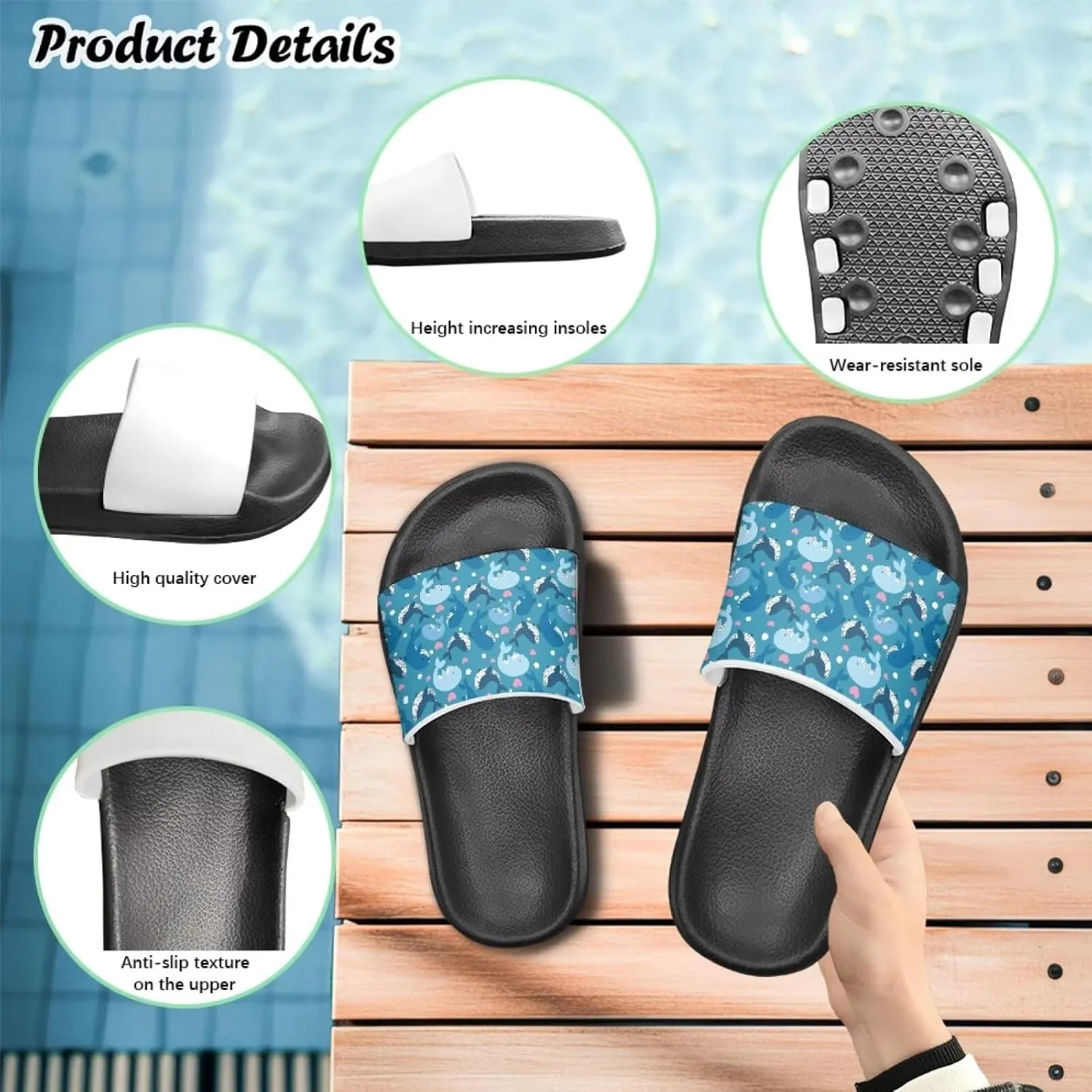 Jeiento Cartoon Slides for Kids Age 4-8,Shark Slide Slippers Little Girl Beach Sandals Anti Slip Children Shower Shoes