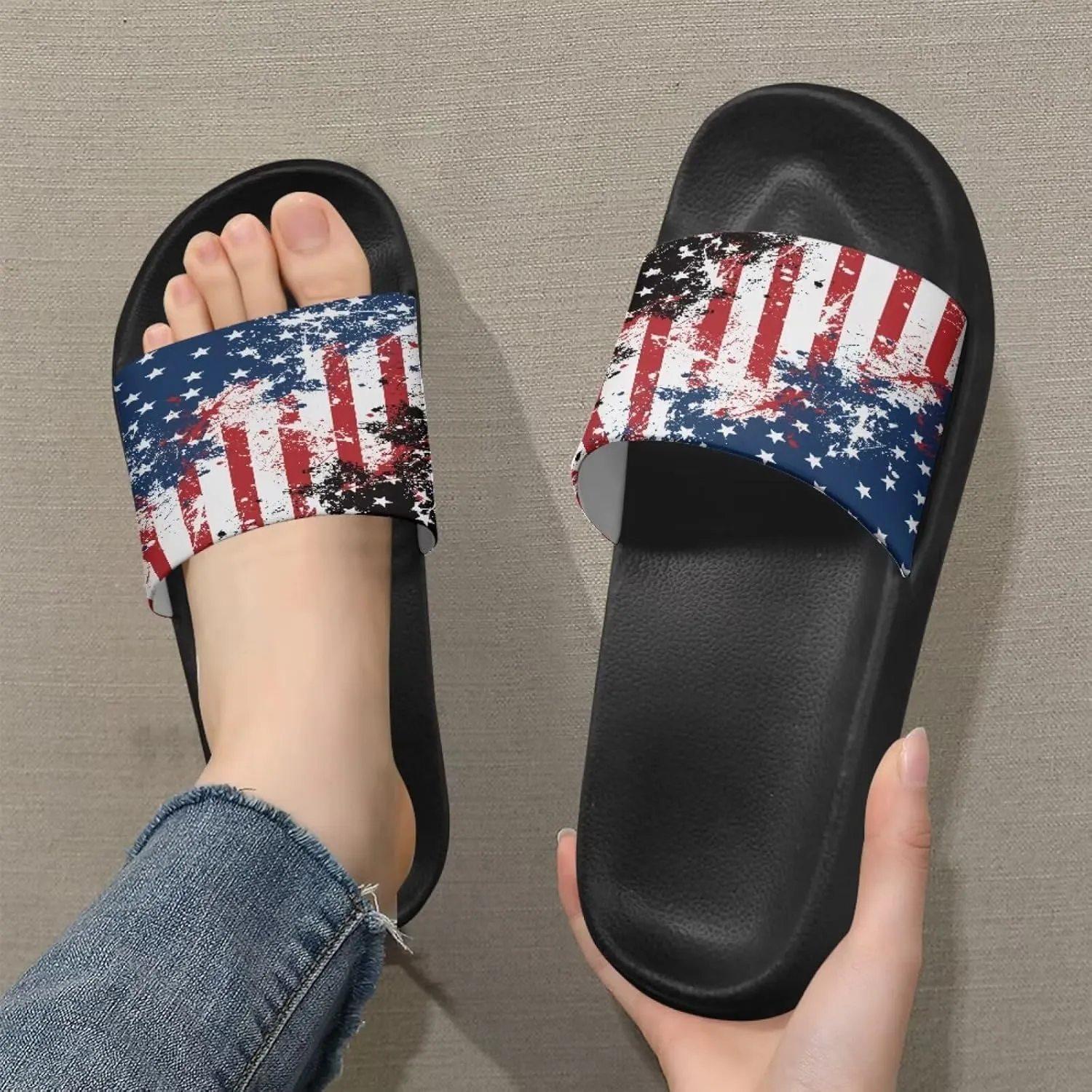 Jeiento Women Slide Sandals American Flag Slippers Holiday Shoes Non Slip Athletic Sandals Bathroom Beach Showe Shoes