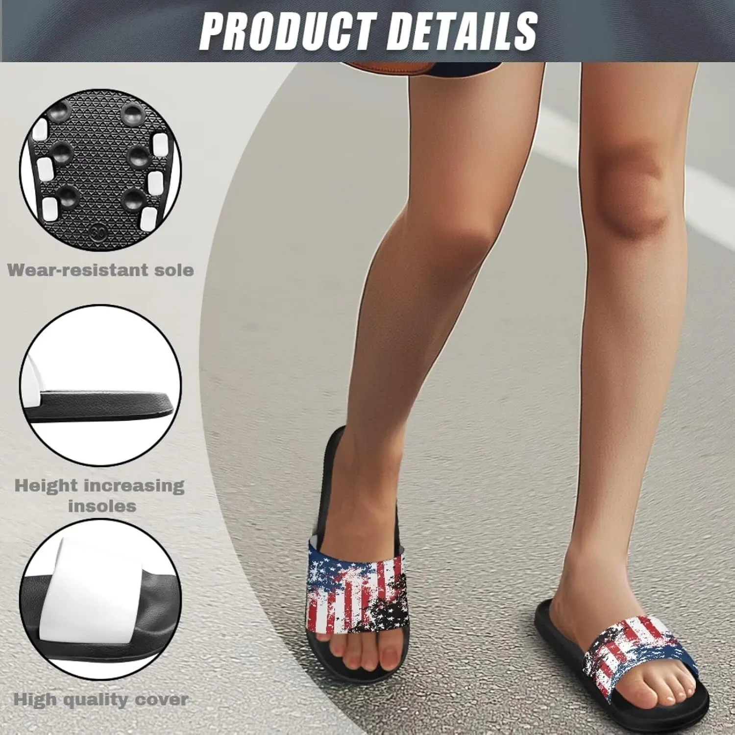 Jeiento Women Slide Sandals American Flag Slippers Holiday Shoes Non Slip Athletic Sandals Bathroom Beach Showe Shoes