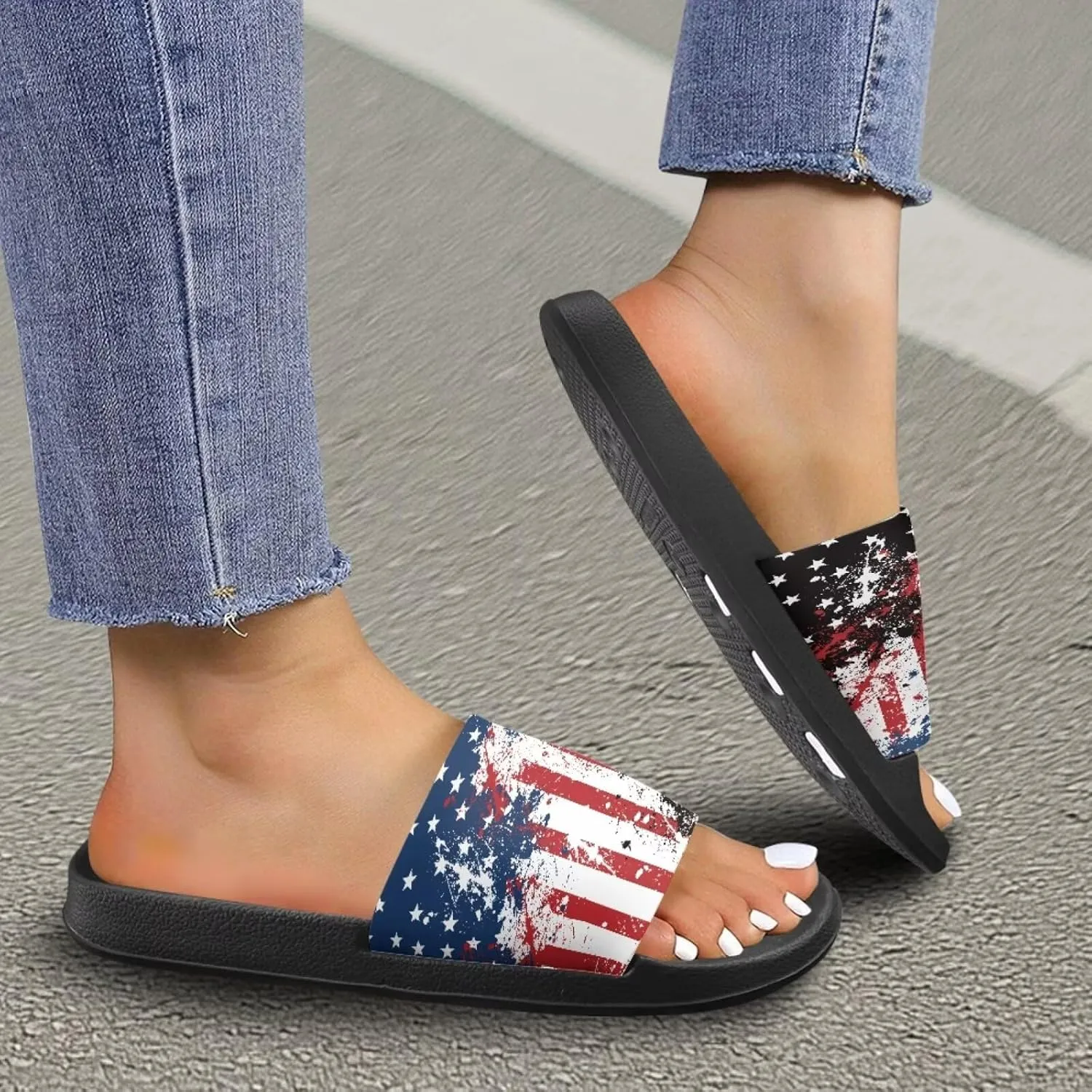 Jeiento Women Slide Sandals American Flag Slippers Holiday Shoes Non Slip Athletic Sandals Bathroom Beach Showe Shoes