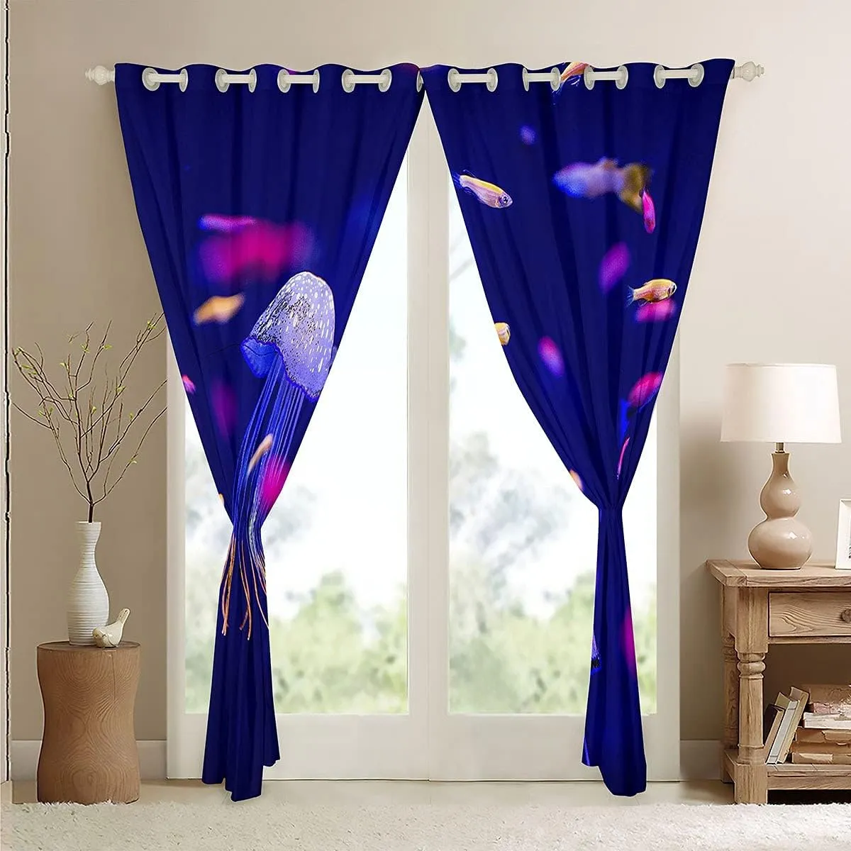 Jellyfish Curtains Ocean Creature Window Curtains for Bedroom Living Room Kids Boys Girls Sea Underwater World Blue Window Drapes Marine Life Sealife Decor Window Treatments,42 X 63 Inches,2 Panels
