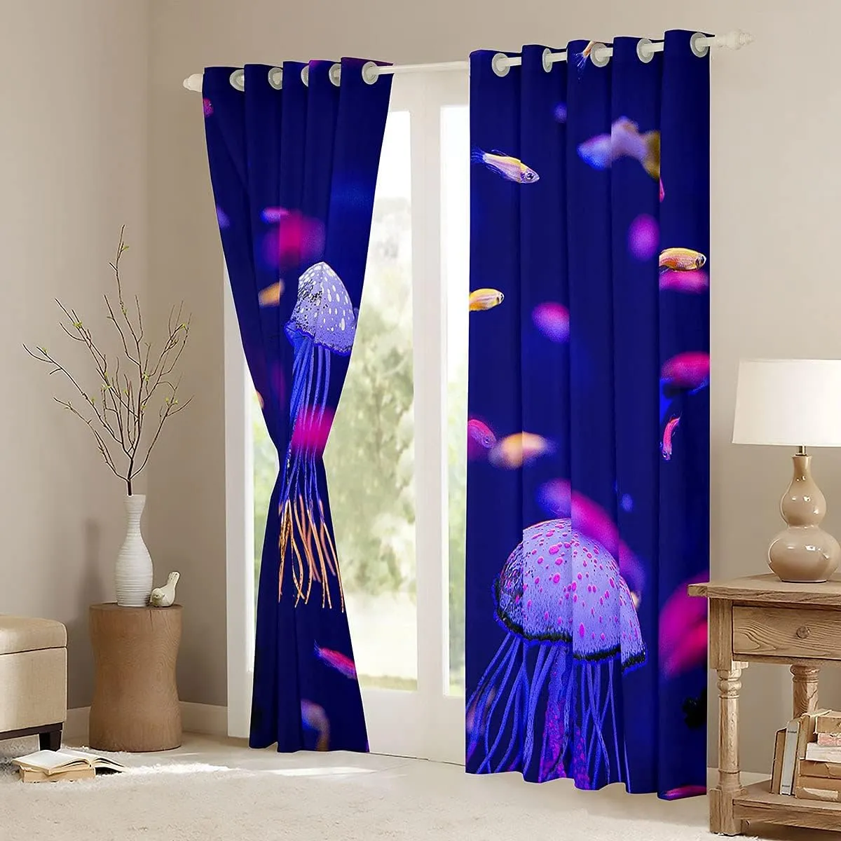 Jellyfish Curtains Ocean Creature Window Curtains for Bedroom Living Room Kids Boys Girls Sea Underwater World Blue Window Drapes Marine Life Sealife Decor Window Treatments,42 X 63 Inches,2 Panels