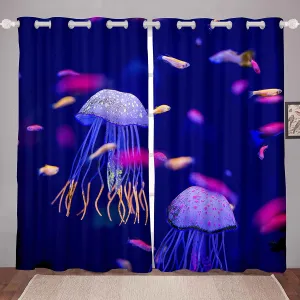 Jellyfish Curtains Ocean Creature Window Curtains for Bedroom Living Room Kids Boys Girls Sea Underwater World Blue Window Drapes Marine Life Sealife Decor Window Treatments,42 X 63 Inches,2 Panels