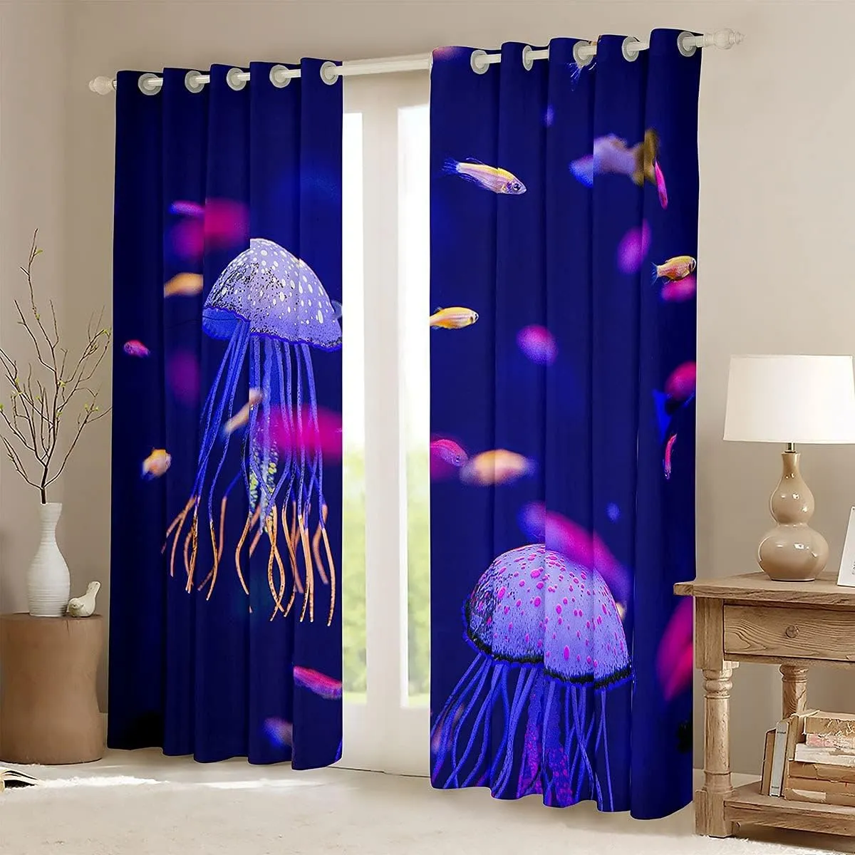 Jellyfish Curtains Ocean Creature Window Curtains for Bedroom Living Room Kids Boys Girls Sea Underwater World Blue Window Drapes Marine Life Sealife Decor Window Treatments,42 X 63 Inches,2 Panels