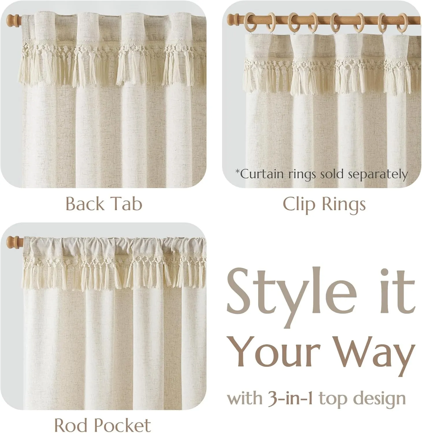 jinchan Boho Curtains with Tassels, 84 Inch Long Flax Farmhouse Curtains for Living Room & Bedroom, Light Filtering Window Curtain Set 2 Panels, Ecru