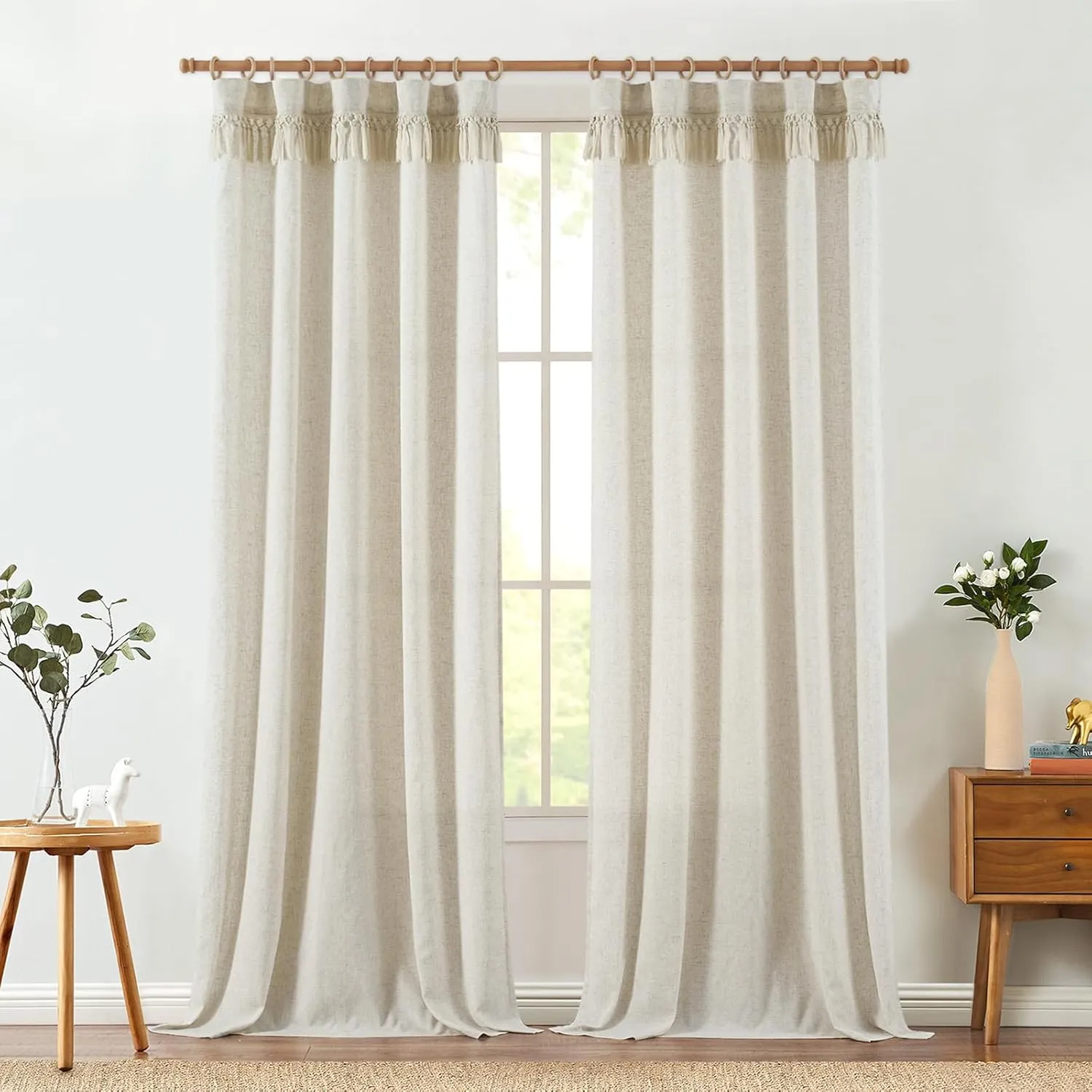 jinchan Boho Curtains with Tassels, 84 Inch Long Flax Farmhouse Curtains for Living Room & Bedroom, Light Filtering Window Curtain Set 2 Panels, Ecru