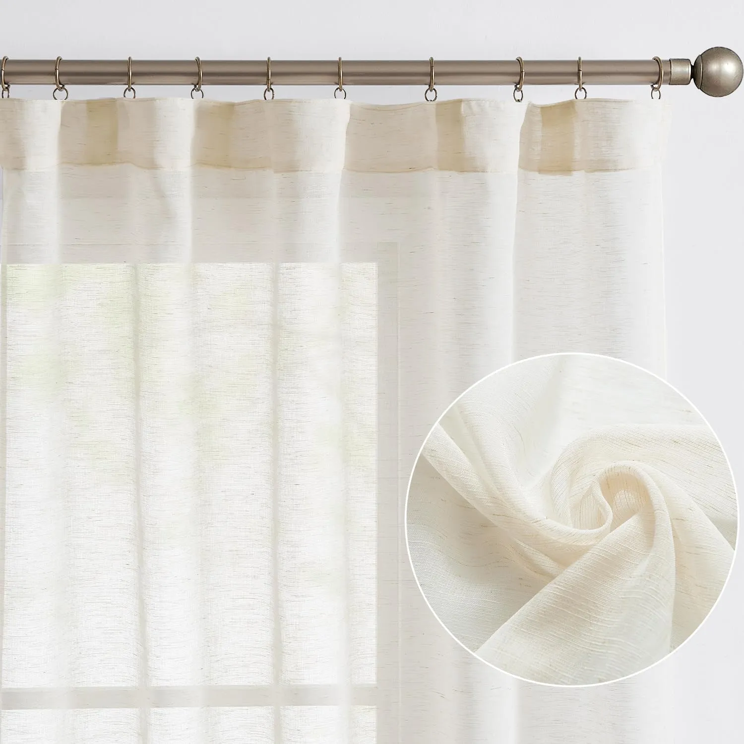 jinchan Linen Blend Sheer Curtains for Living Room 63 Inch Length, Voile Linen Curtains for Bedroom, Light Filtering Farmhouse Window Drapes, Open Weave Drapes Sets Rod Pocket, 2 Panels Crude